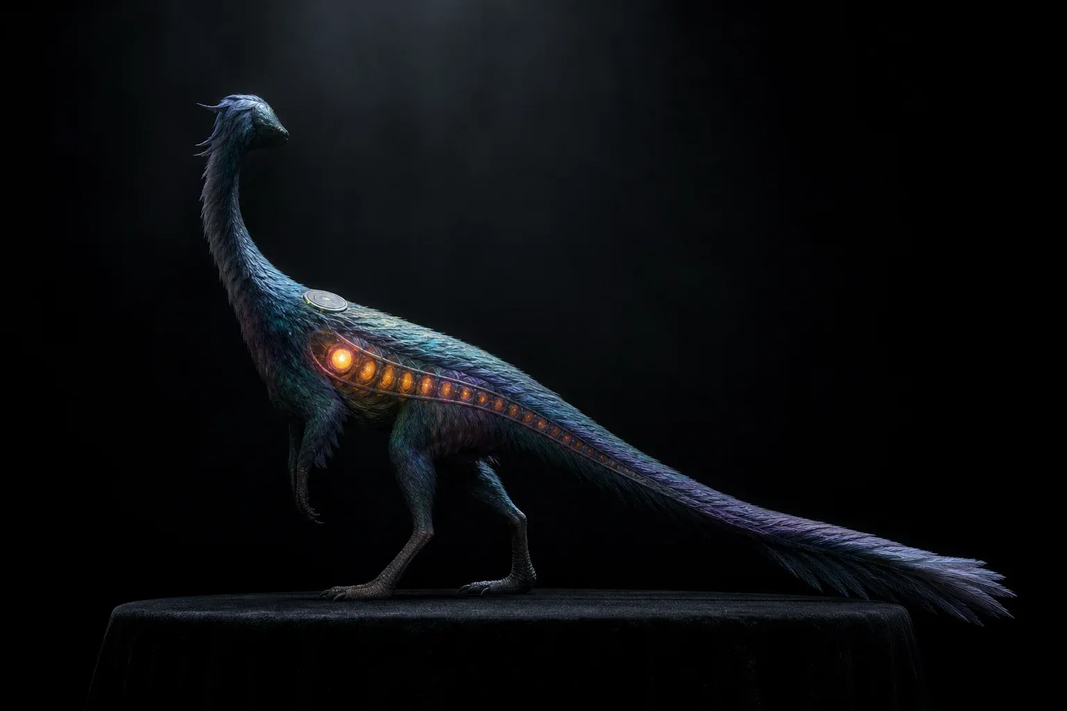 A feathered reptile specimen on a dark plinth, its flank showing a glowing row of amber beads with one brighter, under a small sensor disc.