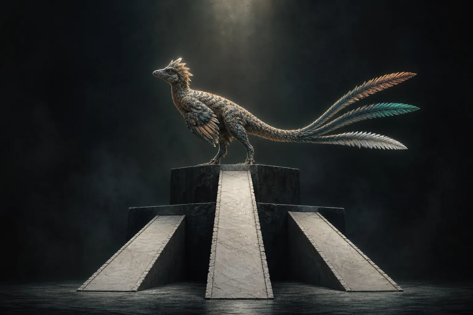 A feathered reptile on a dark plinth with three tail plumes of different lengths, approached by three stone ramps.