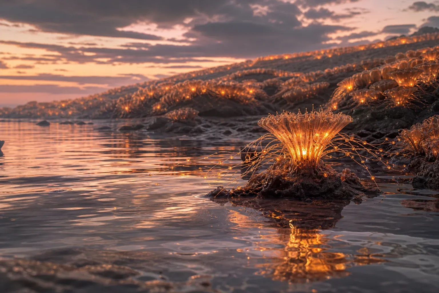 A single glowing reef polyp flares in the foreground while a vast colony behind it pulses in slow continuous waves of light.