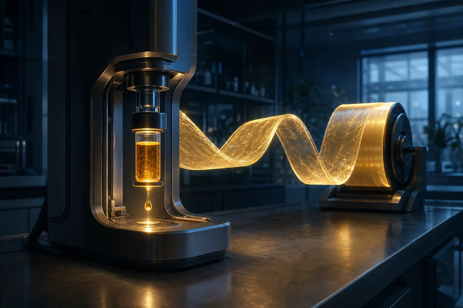 A lab instrument lights a single droplet from a glass vial while extruding a long glowing ribbon of gel with rising and falling curves.