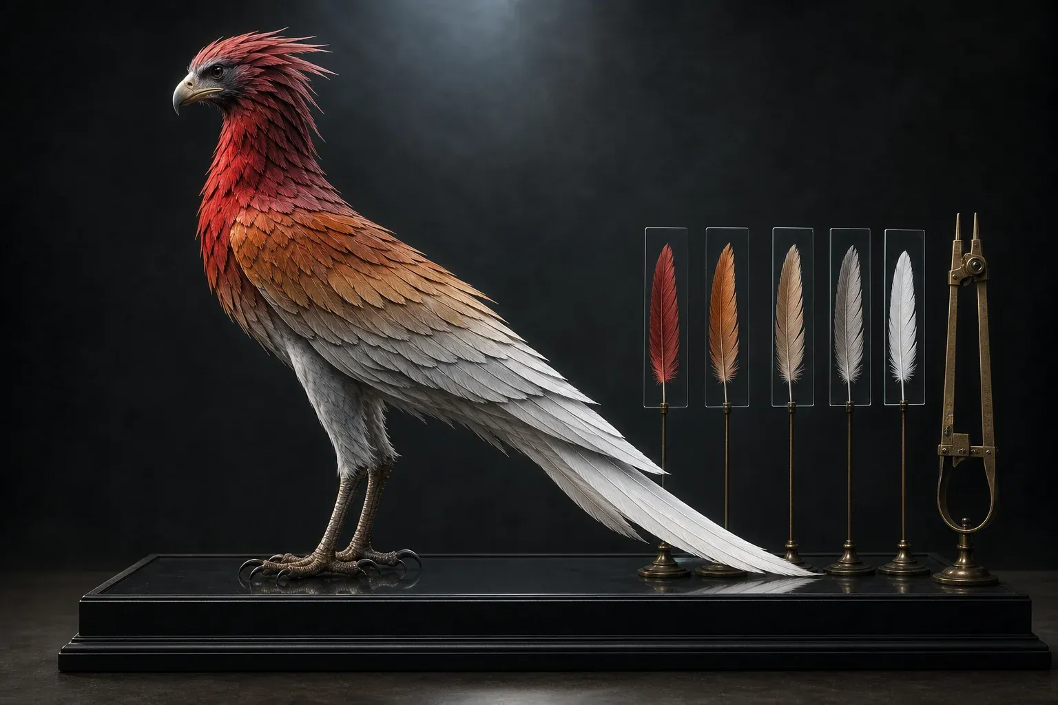 A feathered dinosaur-like creature on a black plinth, its plumage graded in five color bands, beside single feathers mounted on glass slides.