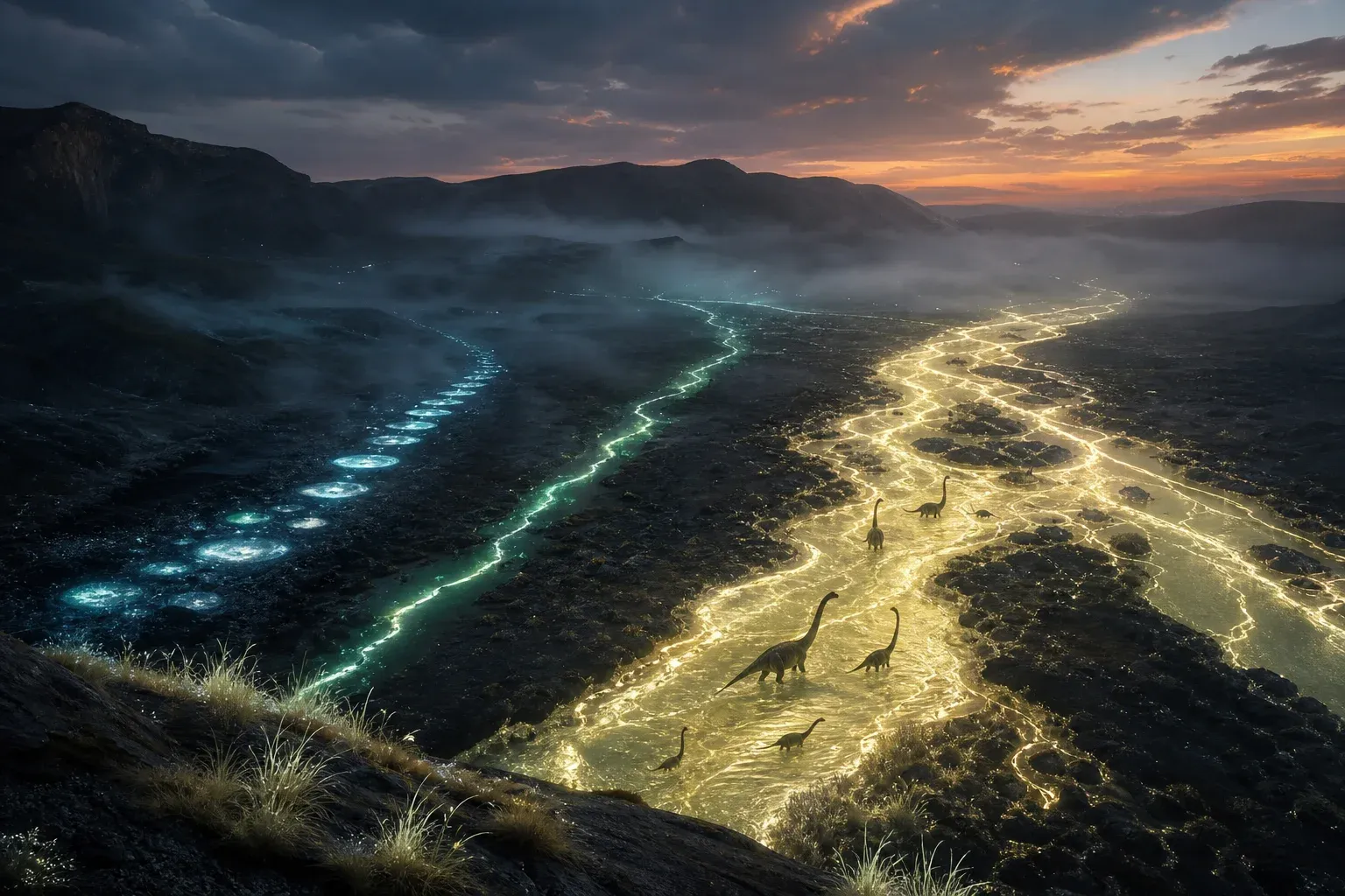 Three glowing rivers of different continuity run down a dark valley at dusk, with large long-necked animals wading in the brightest one.
