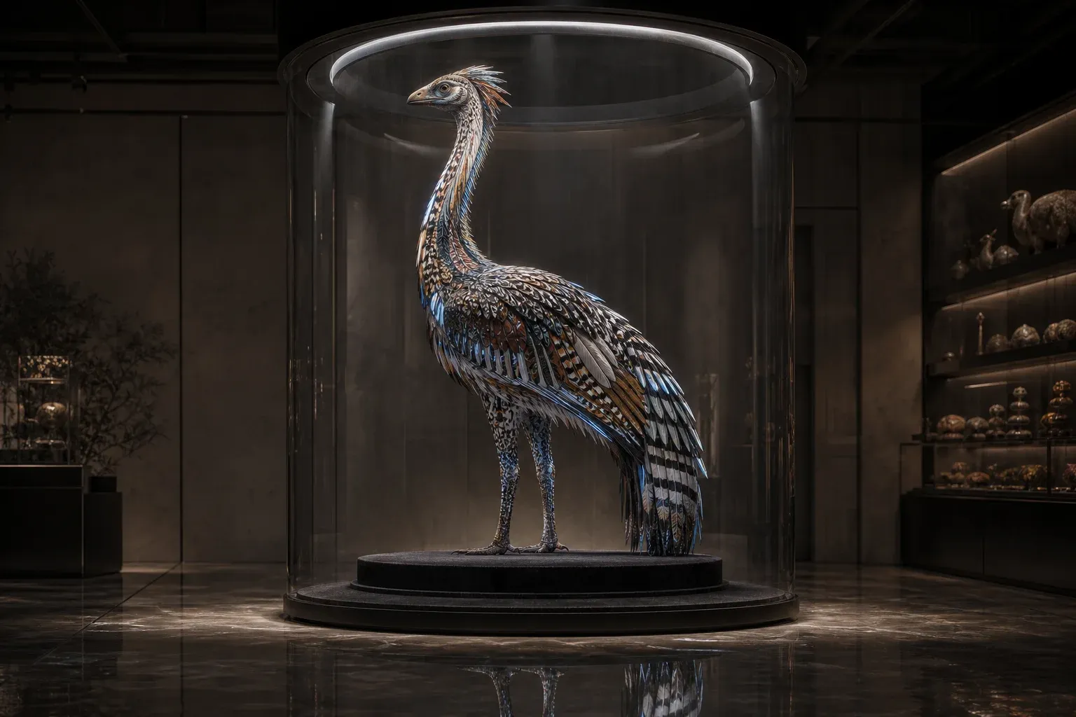 A feathered hybrid creature with hundreds of differently patterned feathers stands sealed inside a seamless glass case on a dark plinth.