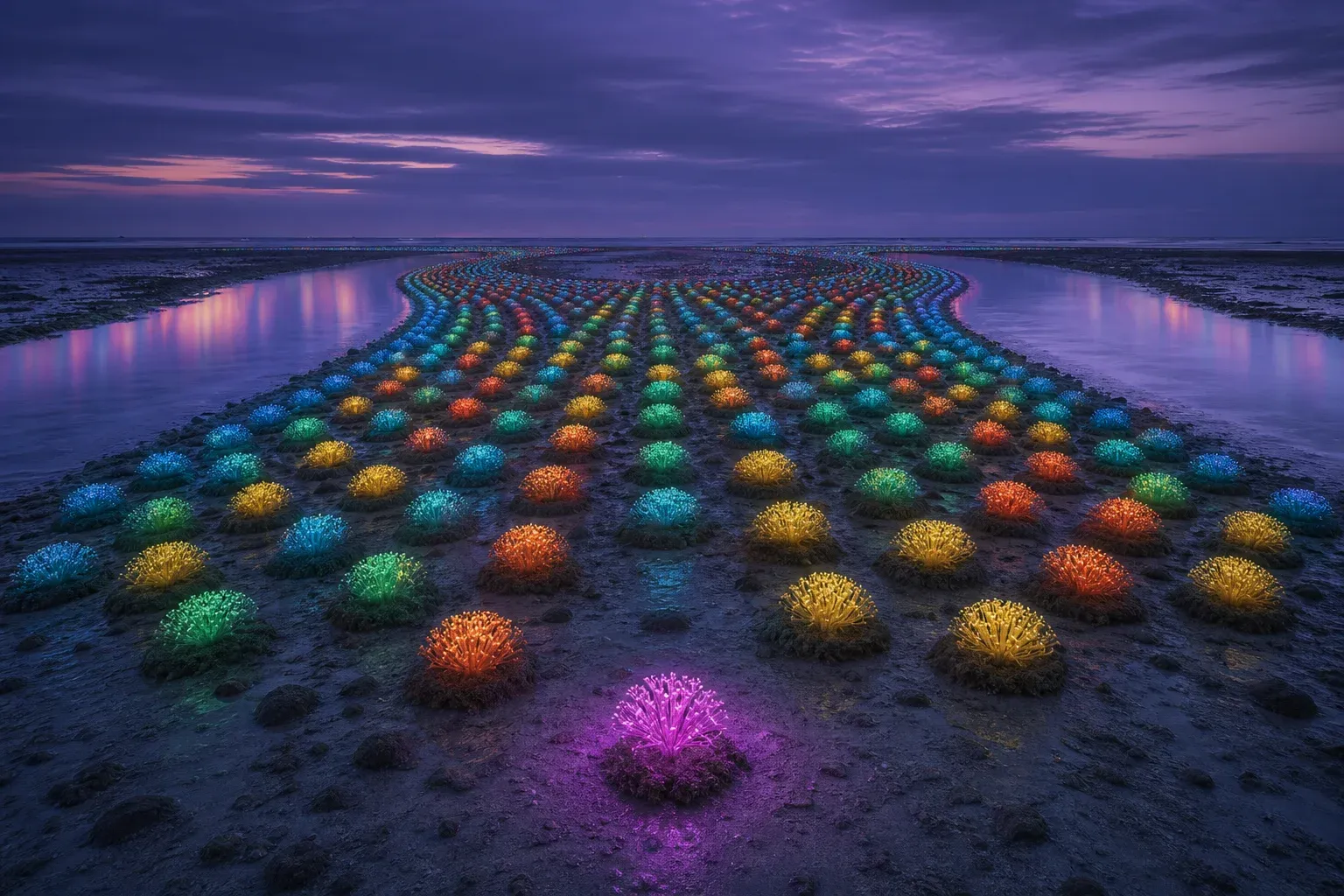 A dusk reef where thousands of ranked glowing polyps form color bands, with one uniquely colored polyp glowing alone in the foreground.