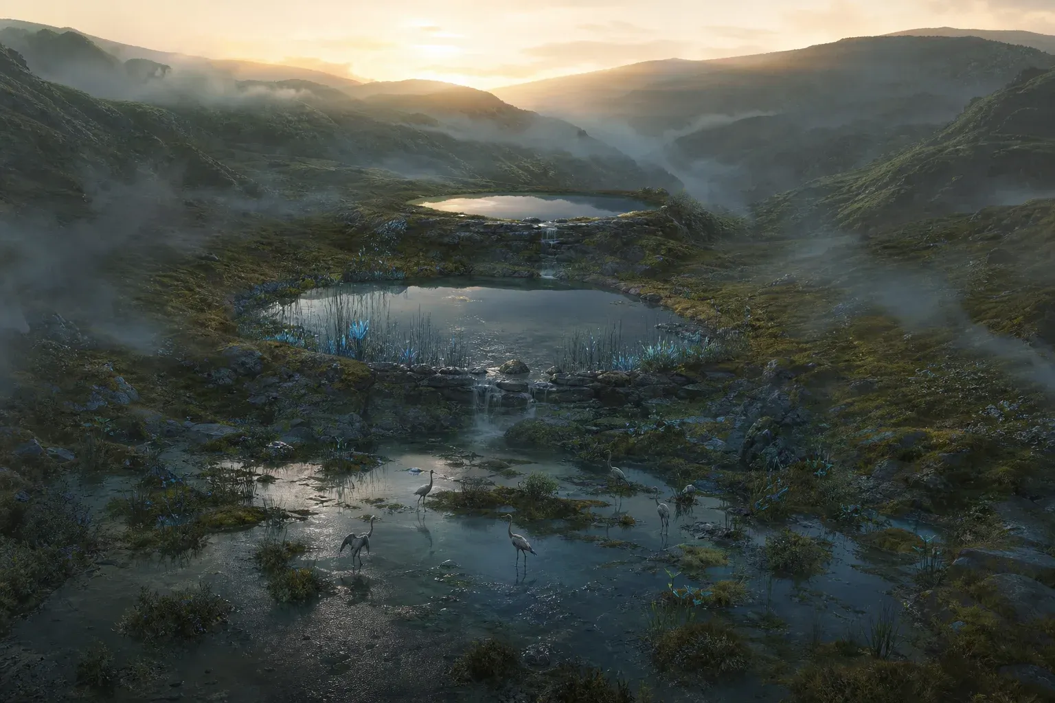 Three terraced pools step down a misty valley at dawn, with glowing reeds and wading birds in the lowest.