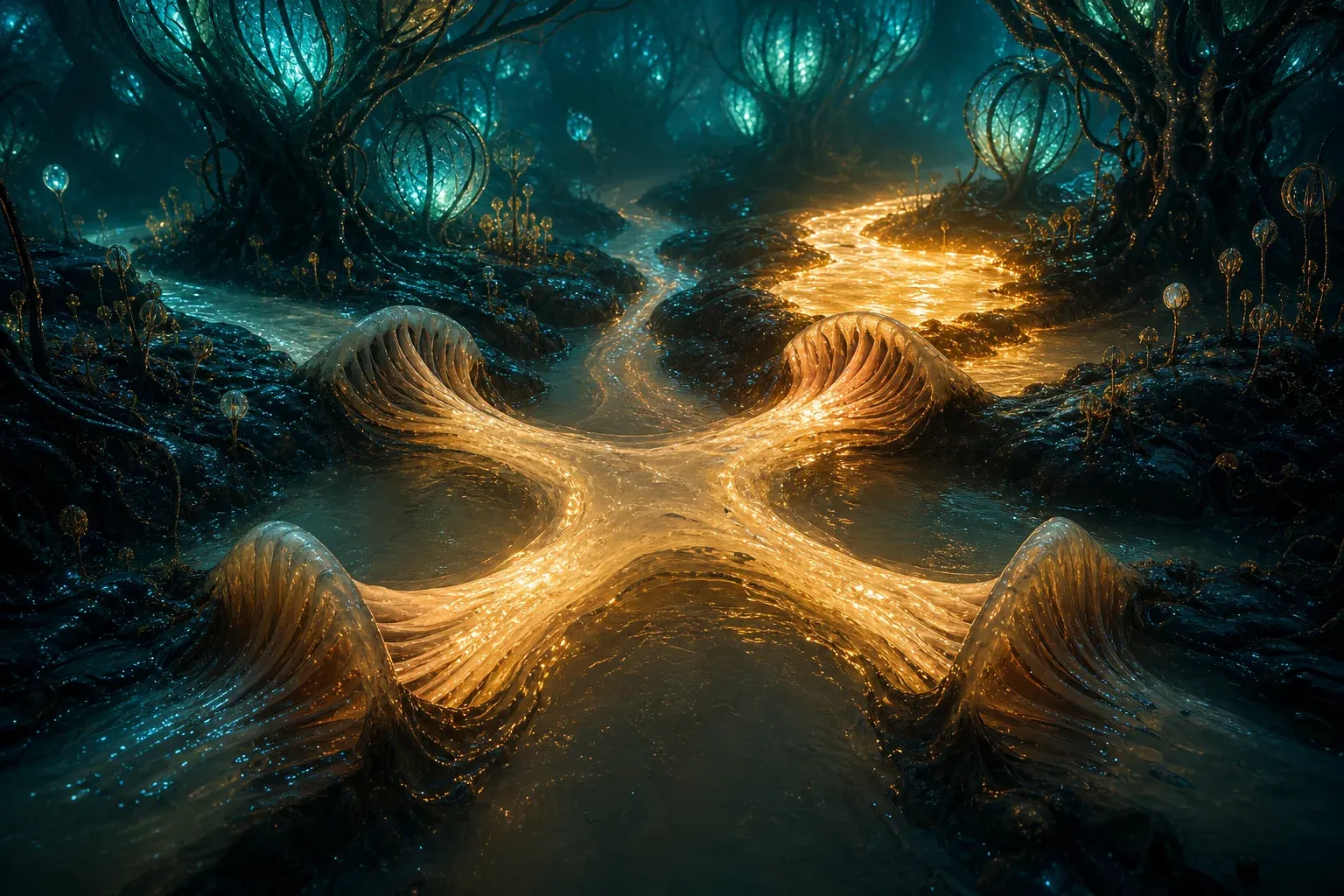 A glowing amber river in a bioluminescent forest splits into four channels, each narrowed by a translucent living filter, pooling brightly or running thin.