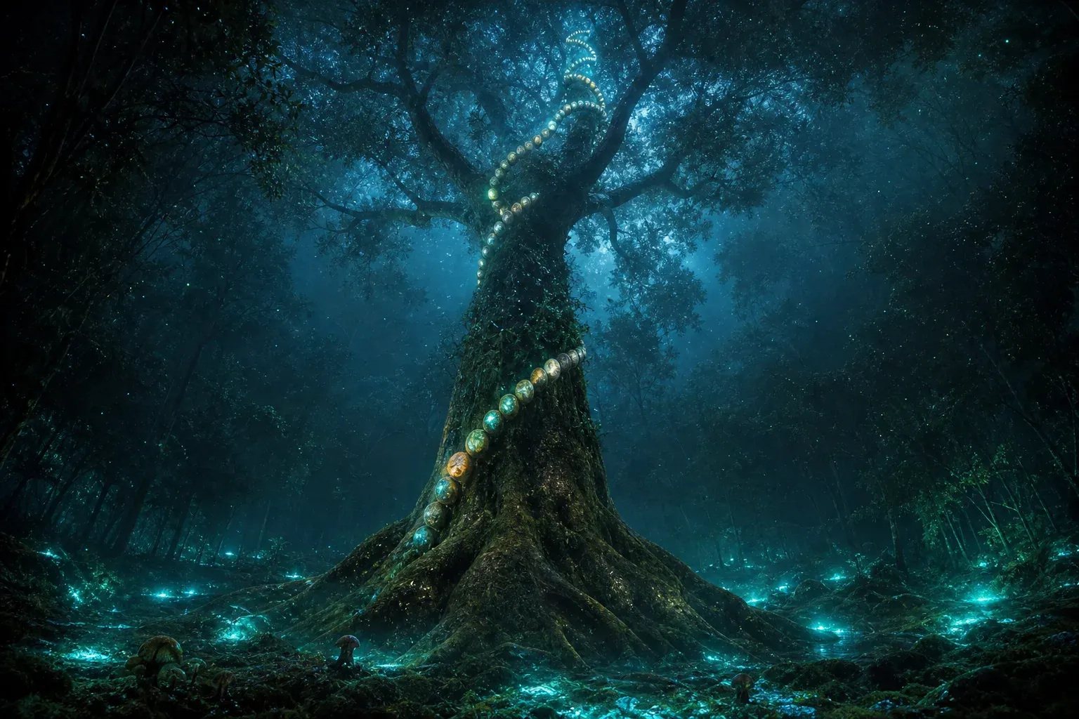 A giant forest tree at night with a spiral chain of glowing seed pods up its trunk, some dark and some missing.