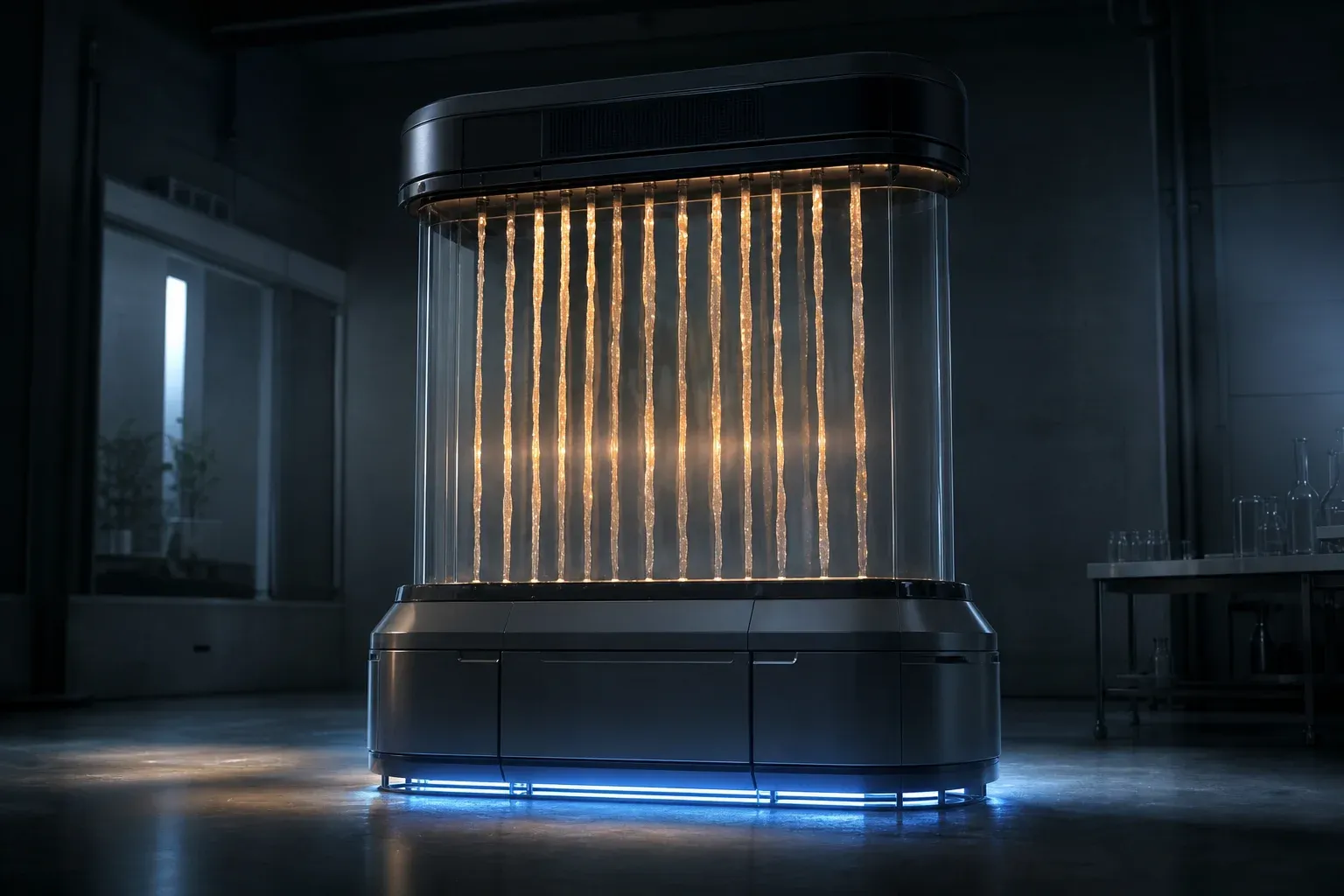 Fourteen glowing tissue threads hang in a glass column inside a sleek lab instrument, each brightening at a slightly different pace.