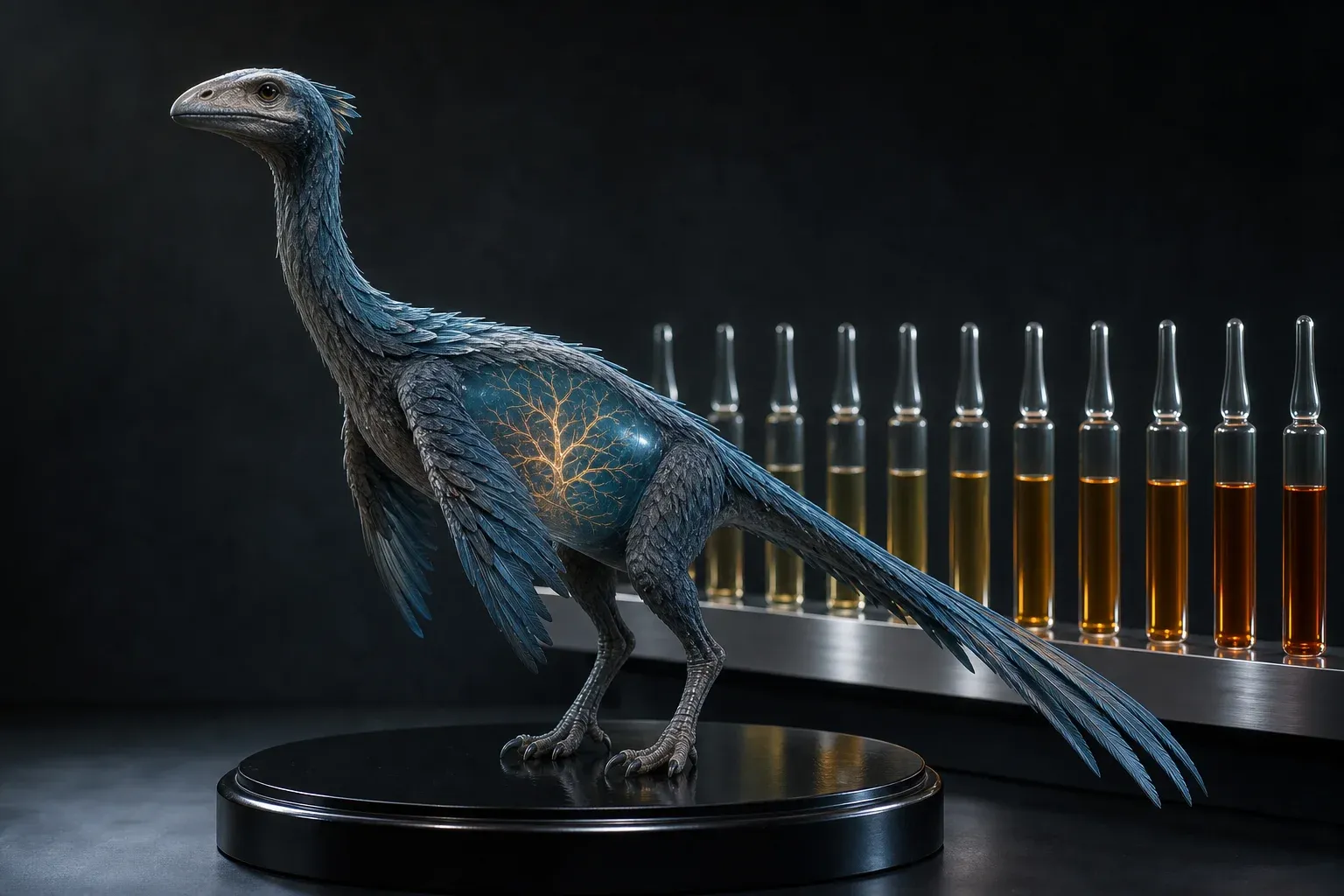A feathered reptile specimen with translucent glowing veins stands on a dark pedestal beside a receding row of amber-filled glass ampoules.