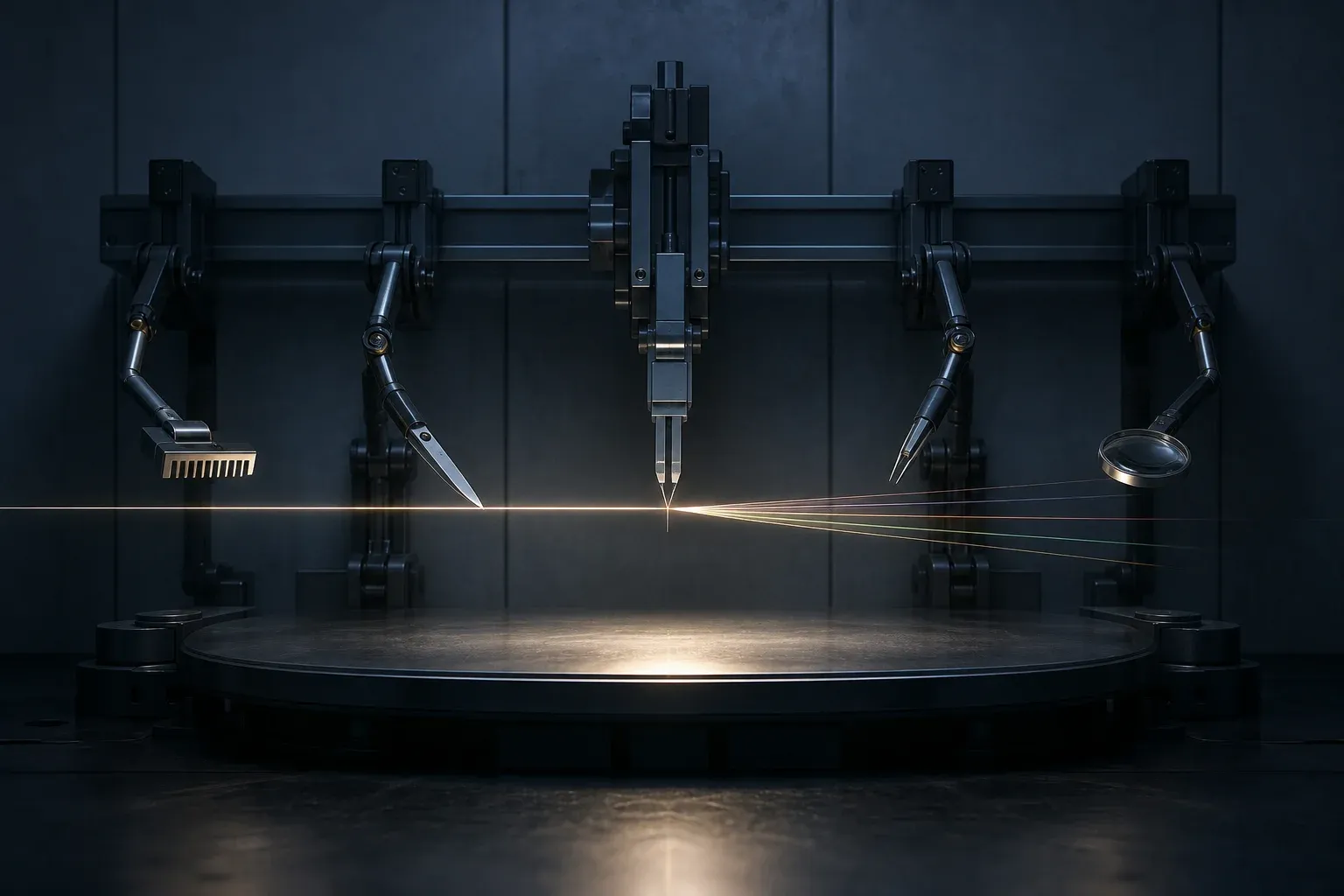 A lab instrument with many interchangeable tool heads on arms working along a single glowing filament that fans into thinner threads.