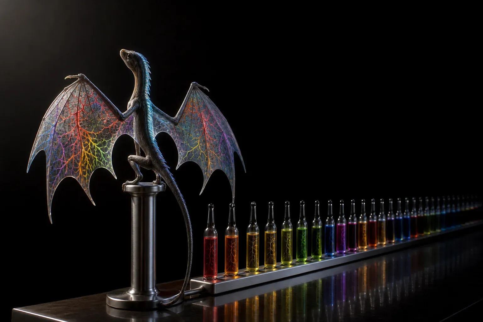 A winged reptile specimen with glowing colored veins in its wings, studio-lit in darkness above a long row of glass ampoules of colored fluid.