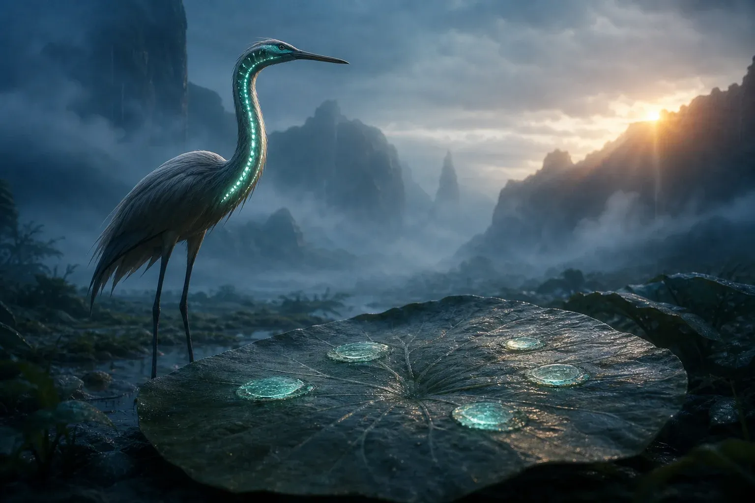 A giant leaf holding five drying spots of glowing sap, with a long-legged creature whose neck carries a steady band of teal light standing in misty valley light.