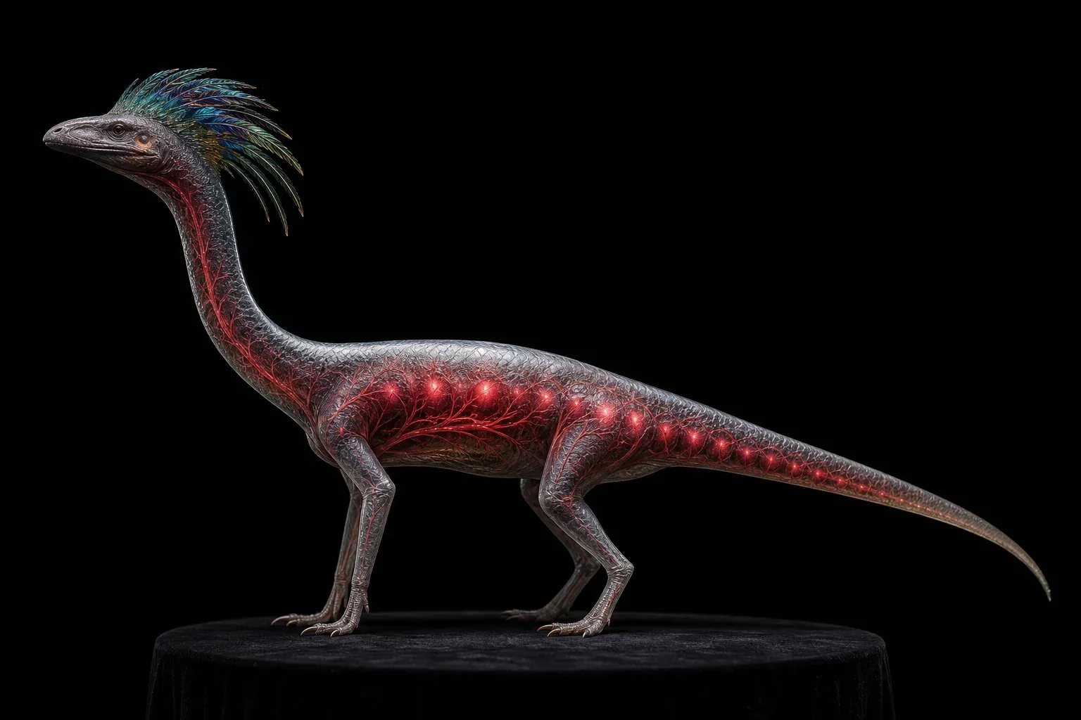 A crested reptilian creature on a black plinth, its translucent skin revealing a glowing red vascular network pulsing in evenly spaced points.