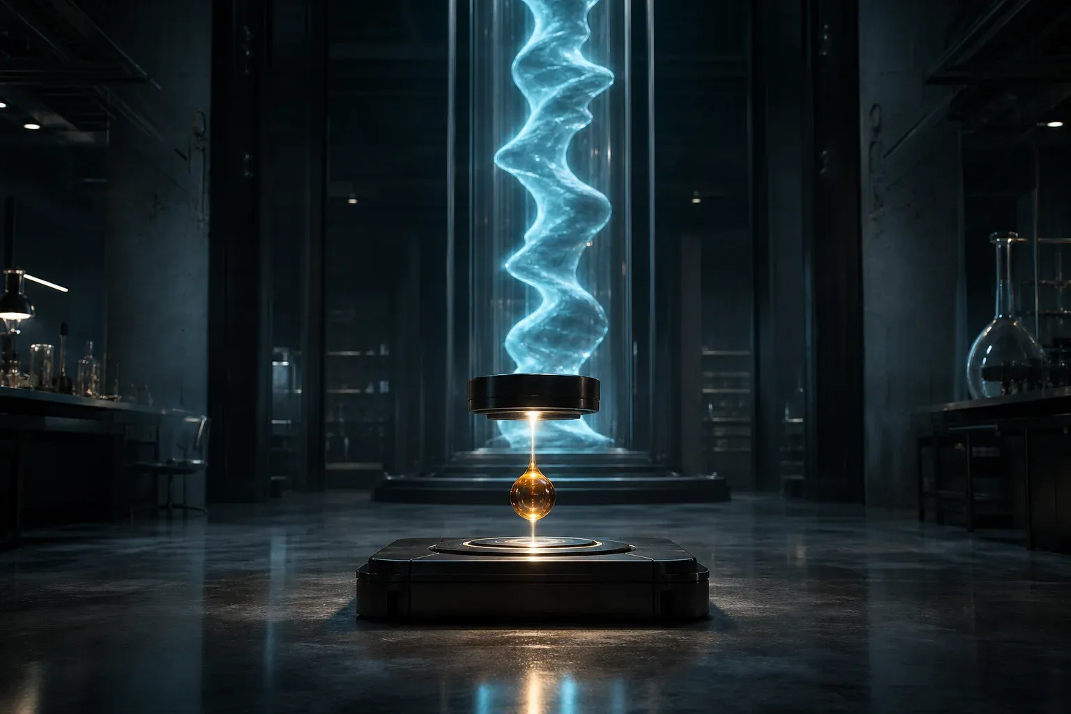 A single glowing serum droplet suspended above a lab bench, with a long glass column behind it growing a rippling, wave-like ribbon of glowing tissue.