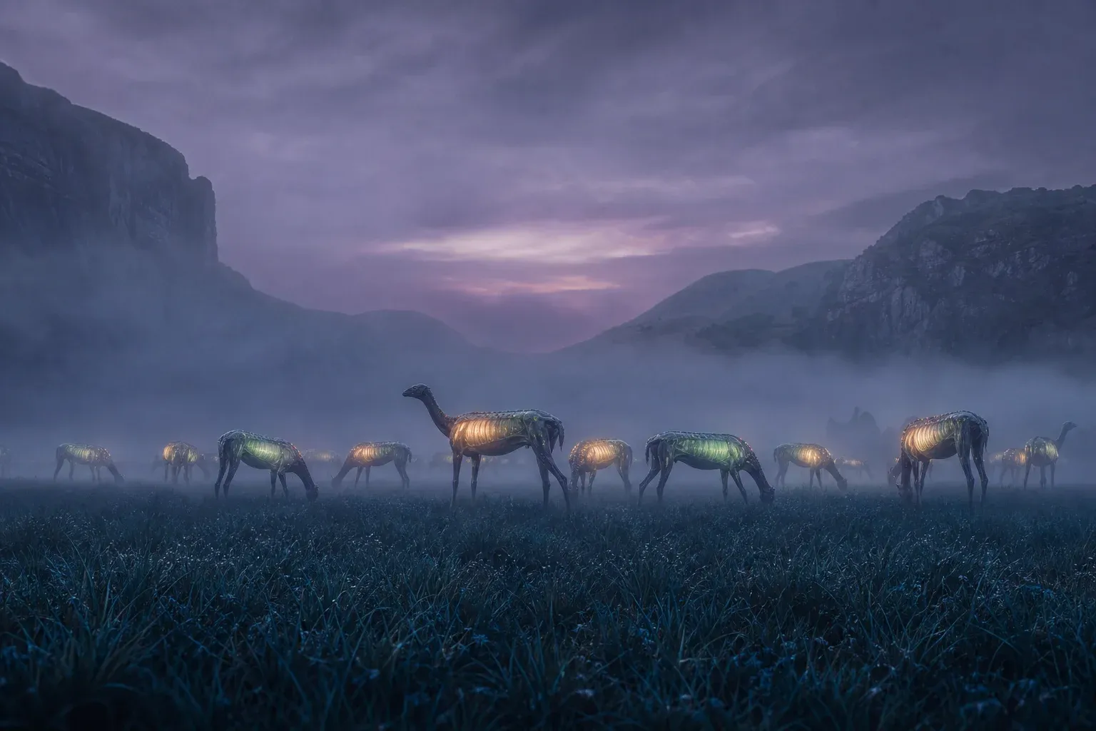 A herd of glowing-flanked grazing animals in a misty blue valley, their light bands forming an even horizontal line, one flaring brighter.