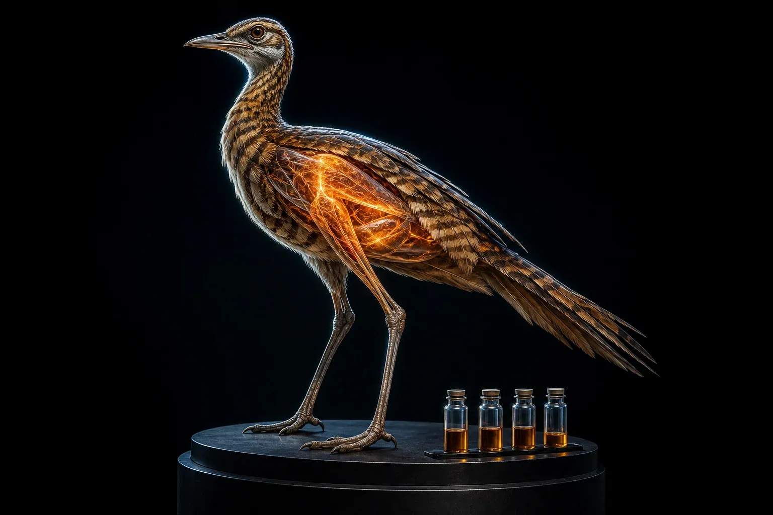 A feathered running dinosaur on a black pedestal under studio light, its flank transparent to show glowing vessels, four amber vials beside it.