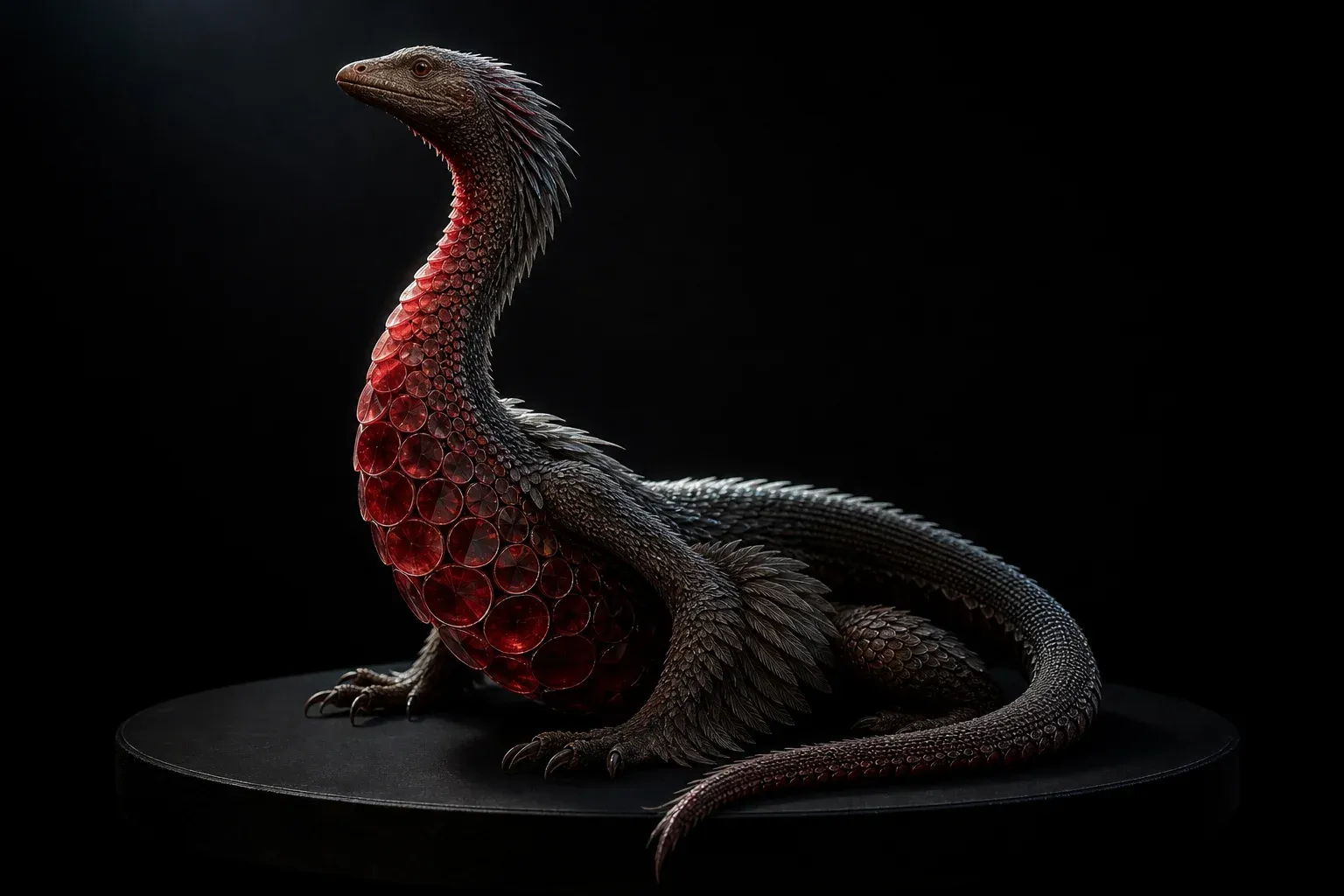 A feathered reptile specimen on a black pedestal, its body covered in translucent red disc-scales of widely varying sizes.