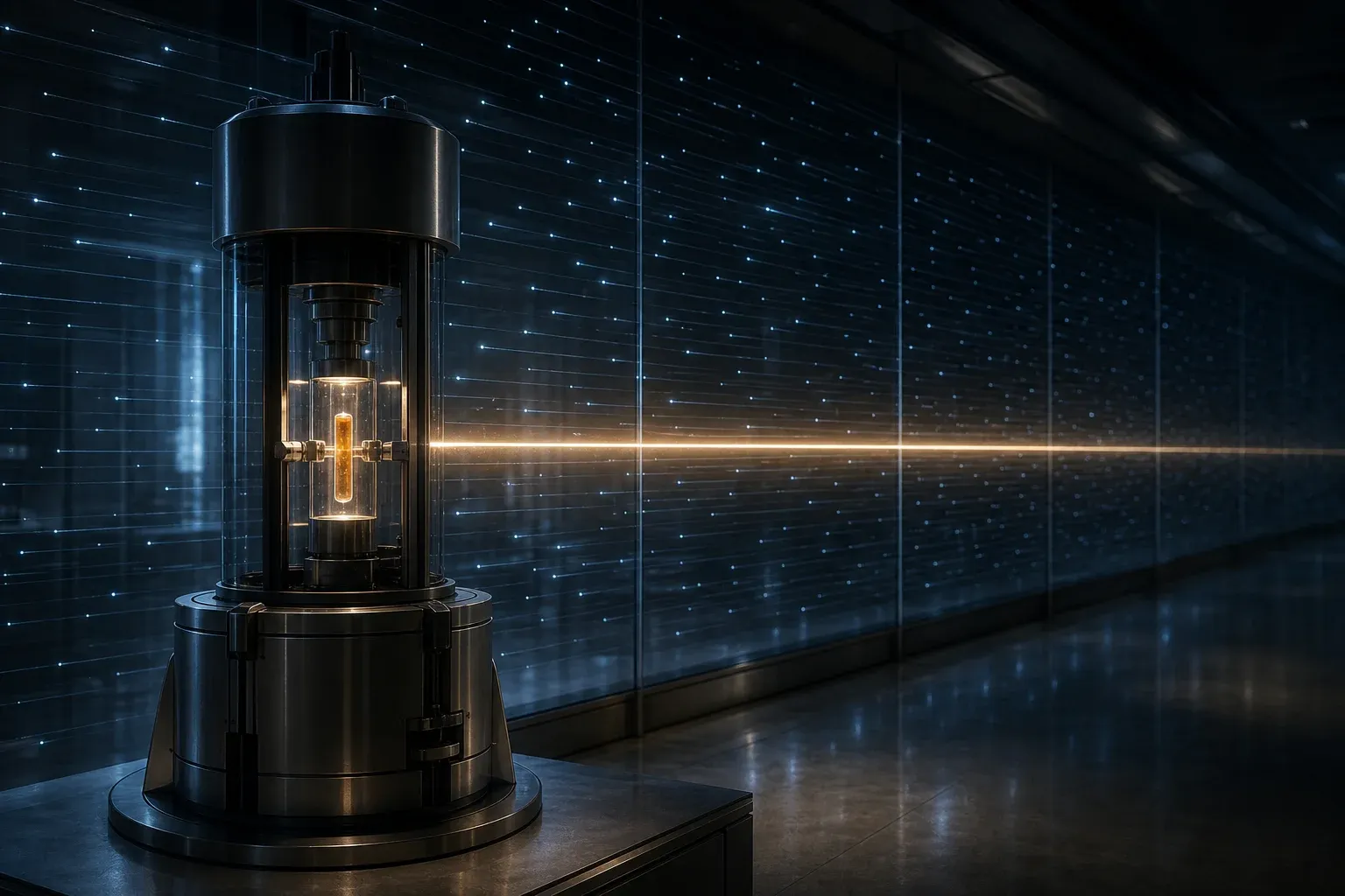 A single amber vial clamped in a lab analyzer, with glowing horizontal threads on a glass wall behind it, one long and bright.