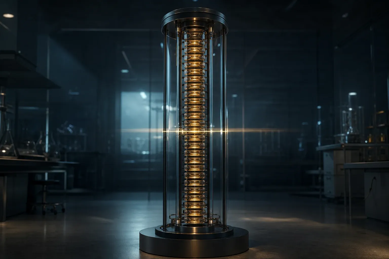 A vertical rack of identical serum vials inside a glass laboratory instrument, lit one by one by an upward-moving blade of light.
