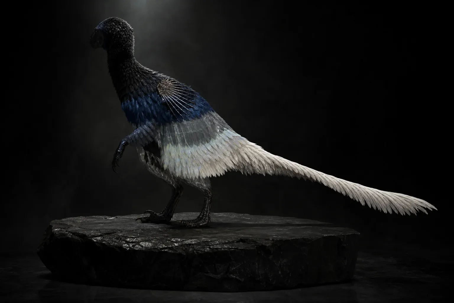 A feathered dinosaur-like specimen on a black plinth under a single spotlight, its plumage banded in five finishes from black to white with one translucent, gapped patch.