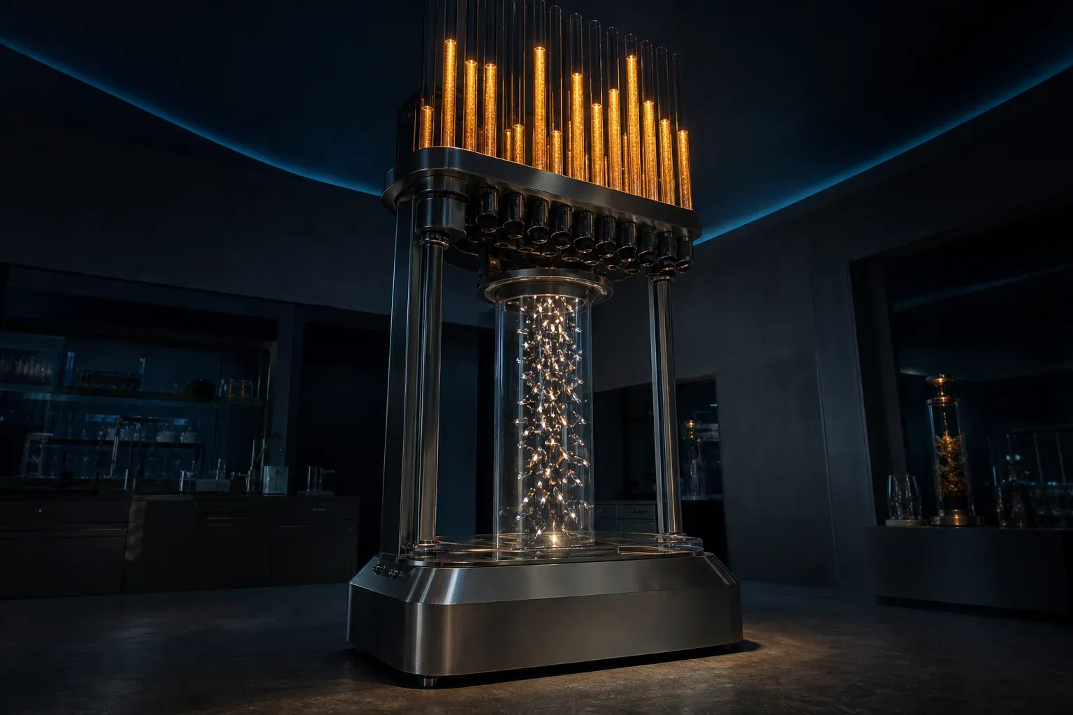 A lab instrument column where silver fish-shaped carriers swim upstream towing glowing strands into tubes filled to varying heights with light.