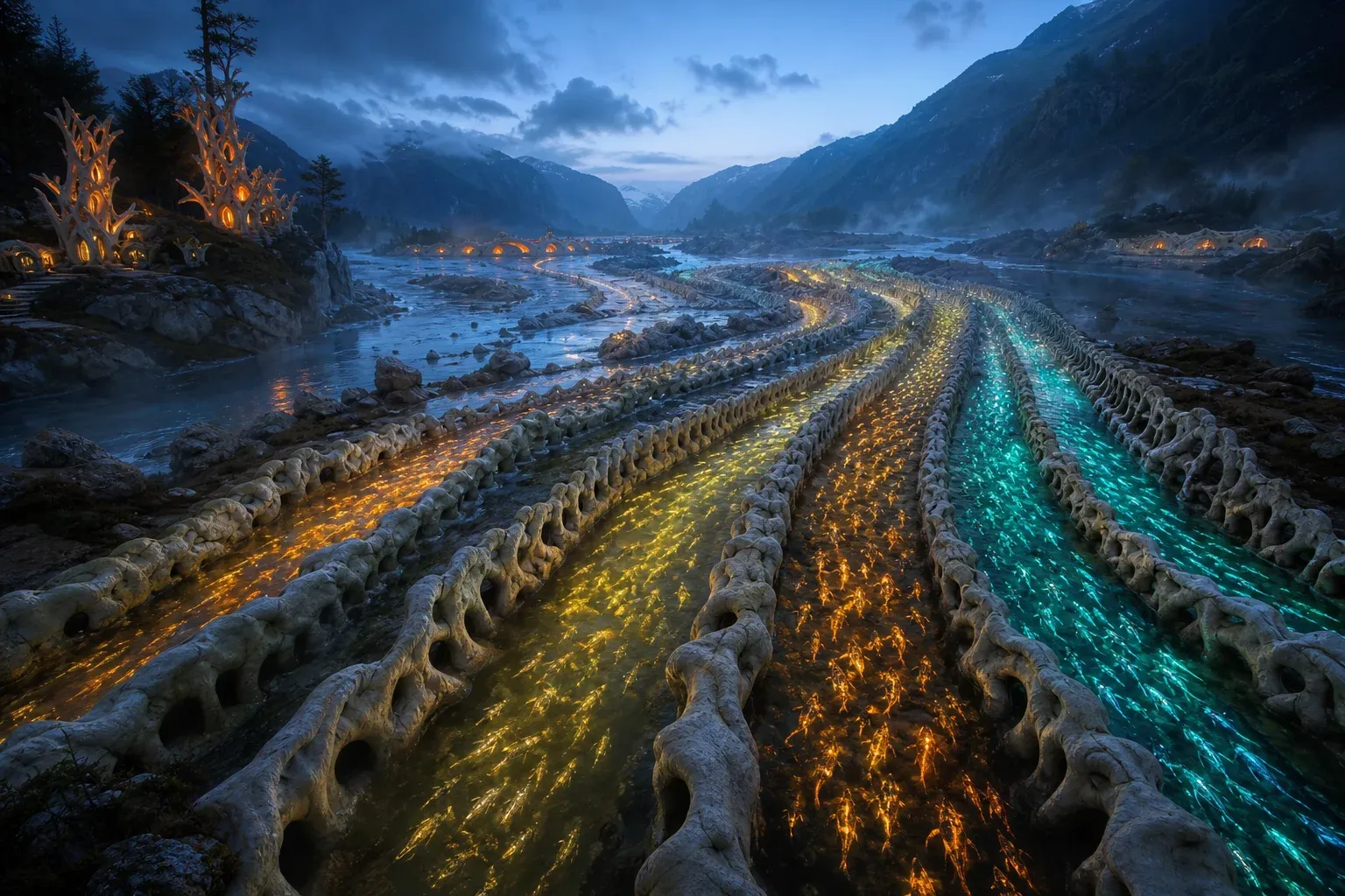 Translucent glowing salmon swim upstream through branching stone channels in a misty river at dusk, sorted into colored streams of light.