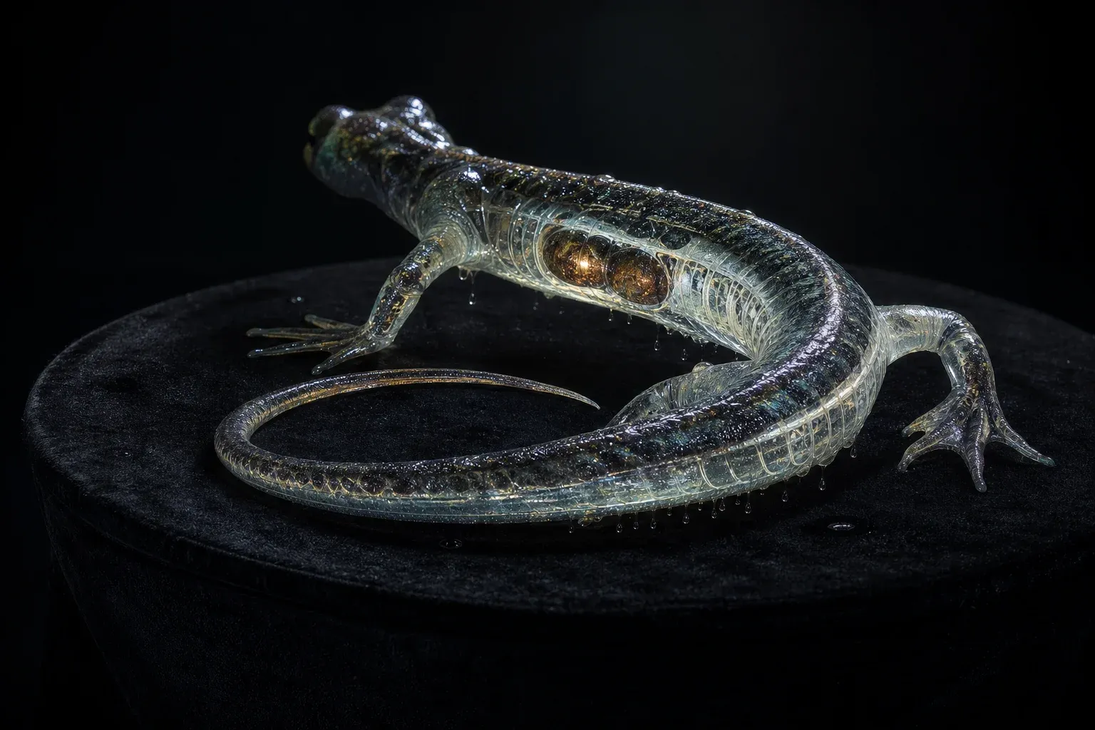 A translucent amphibian-like engineered creature on a black plinth, two faintly glowing organs and pale internal channels visible inside it.