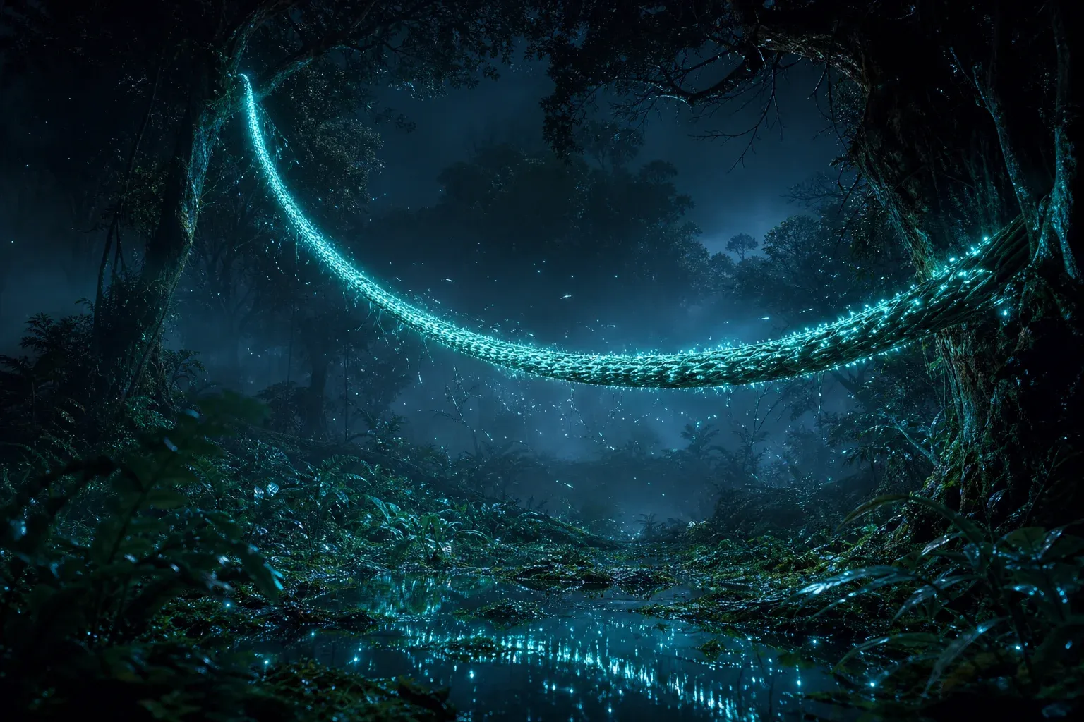 A huge glowing vine strung between forest trees, with thousands of small luminous filaments settling onto it in the misty dark.