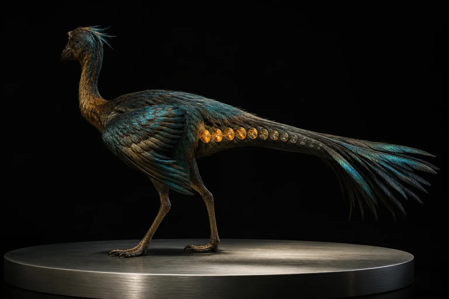A feathered hybrid creature on a steel plinth, a row of glowing translucent discs along its flank fading toward the tail.