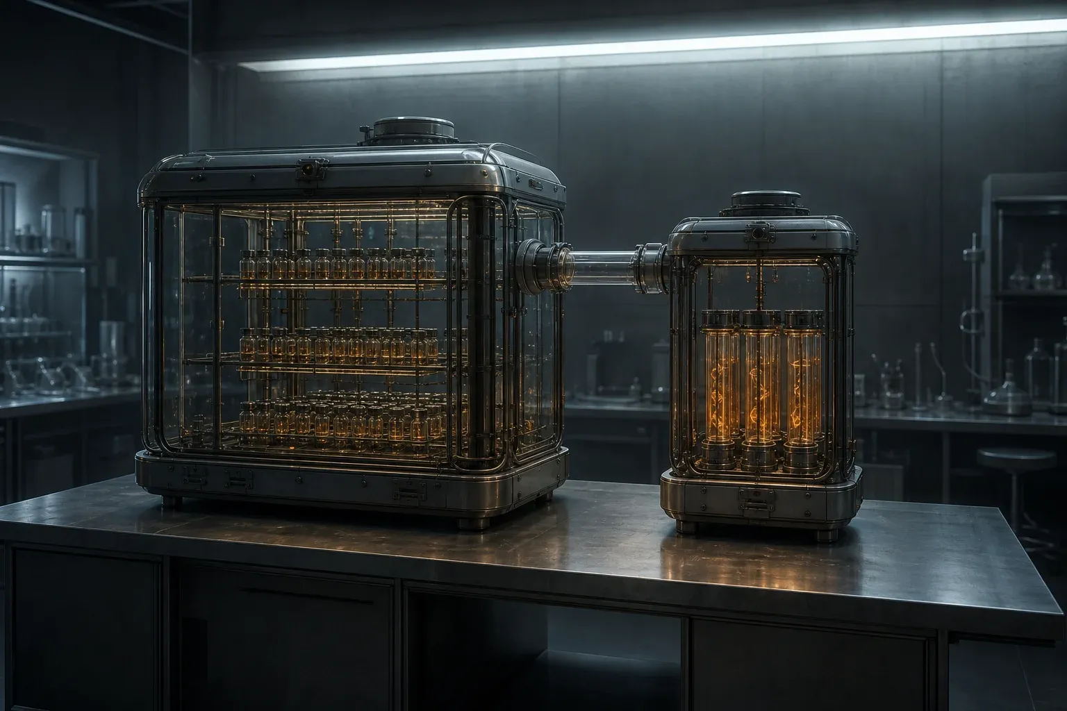 A large glass chamber crowded with small vials stands beside a small chamber of a few glowing amber vials.