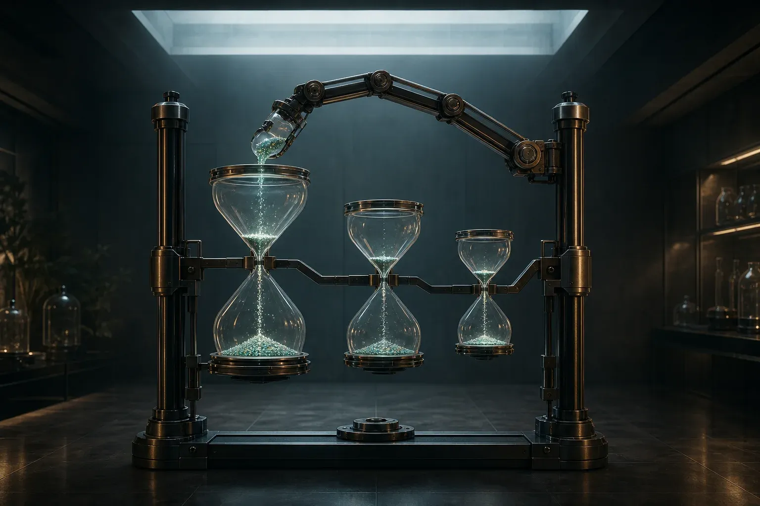 Three glass hourglass vessels of different sizes in a laboratory instrument, glowing grains falling through each, with an arm adding grains to the largest.