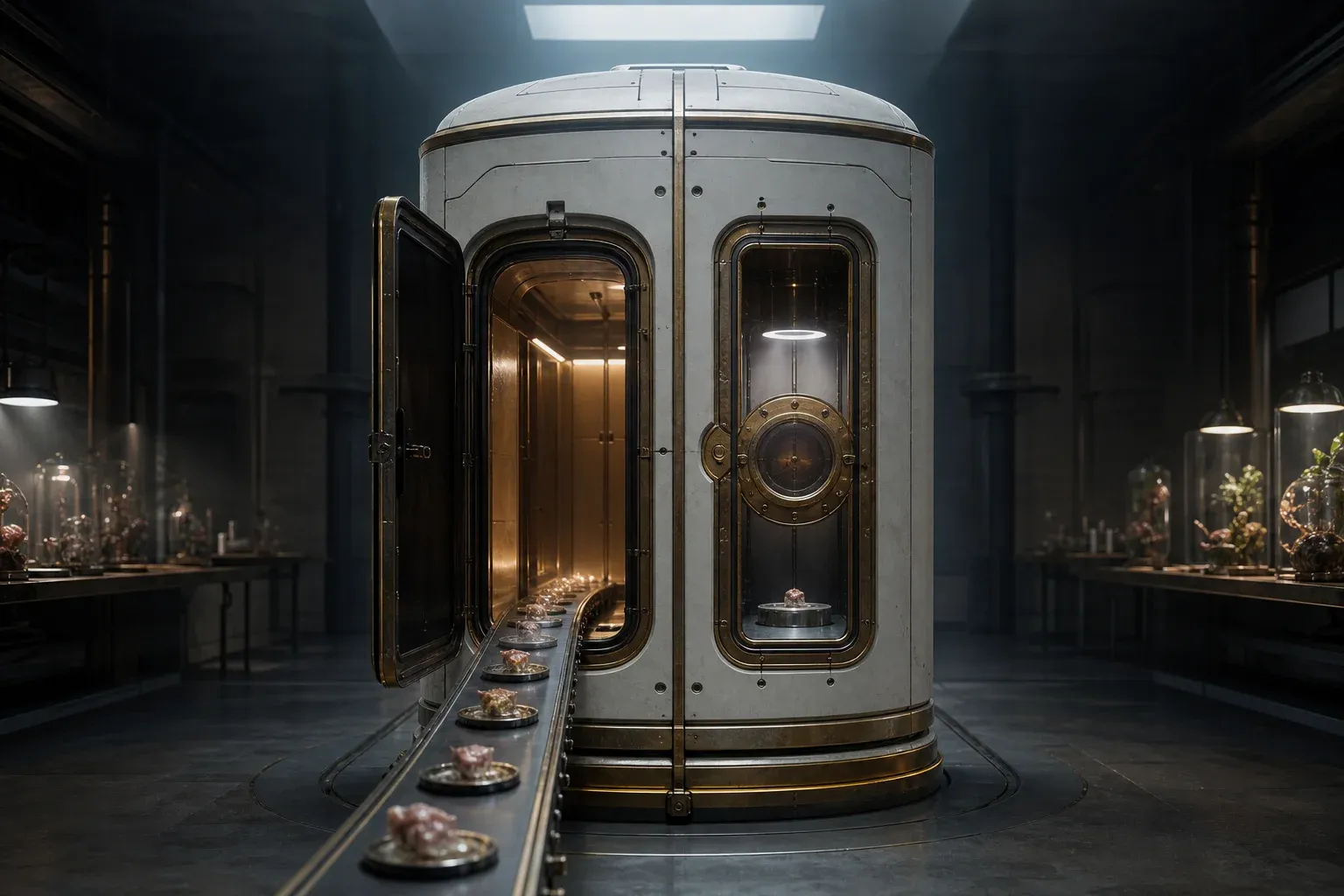 A laboratory machine with one open door and one sealed door, and small implants on a conveyor passing through the open one.