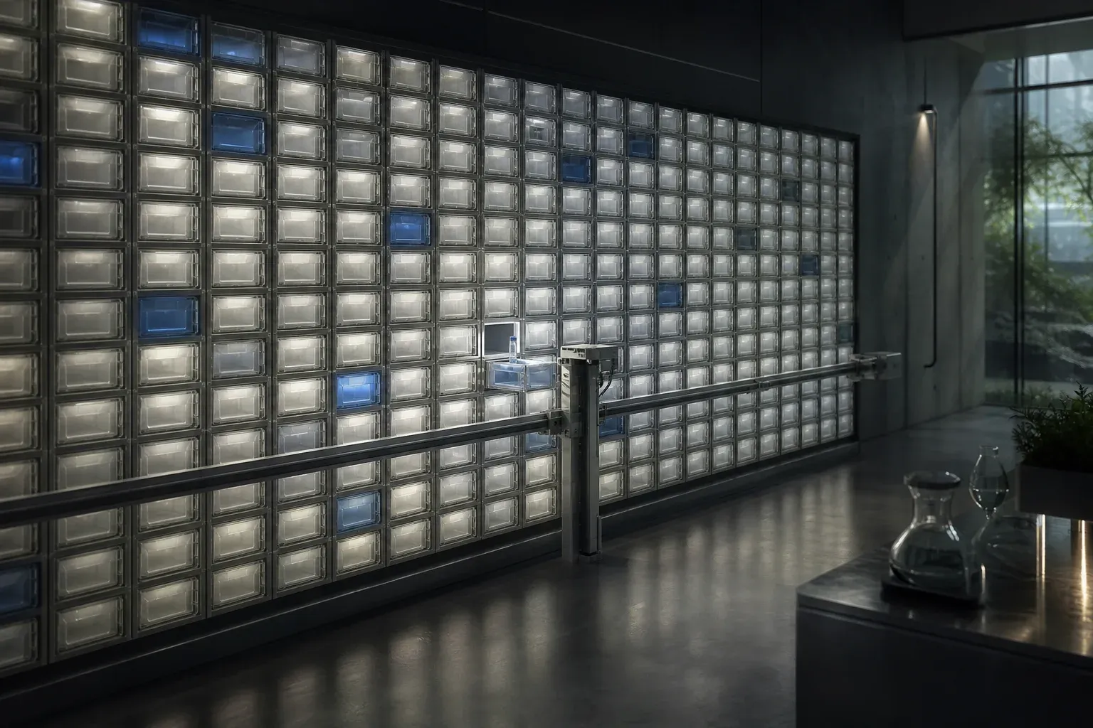 A laboratory wall of hundreds of small glowing glass drawers, a few lit blue and one open with a single vial inside.