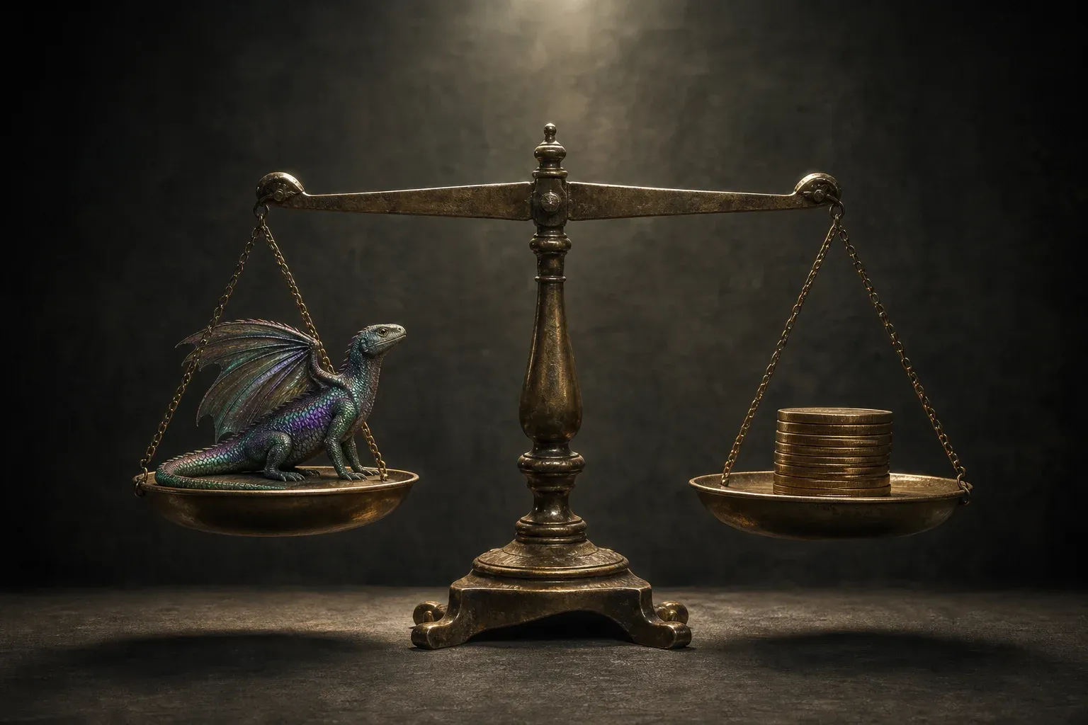 An iridescent winged reptile sits in one pan of a brass balance, level against a stack of brass discs in the other.