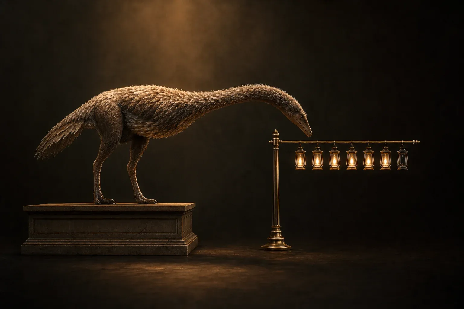 A long-necked feathered reptile stands beside a brass stand of small glass lanterns, all lit except the last.