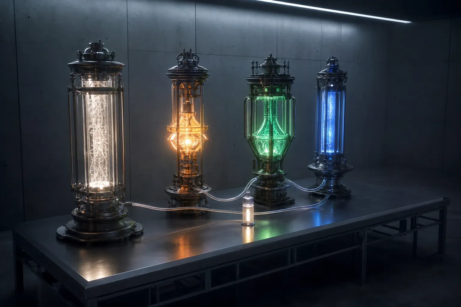 Four laboratory instruments lit white, amber, green and blue are joined by glass tubes to one sealed vial at the centre.