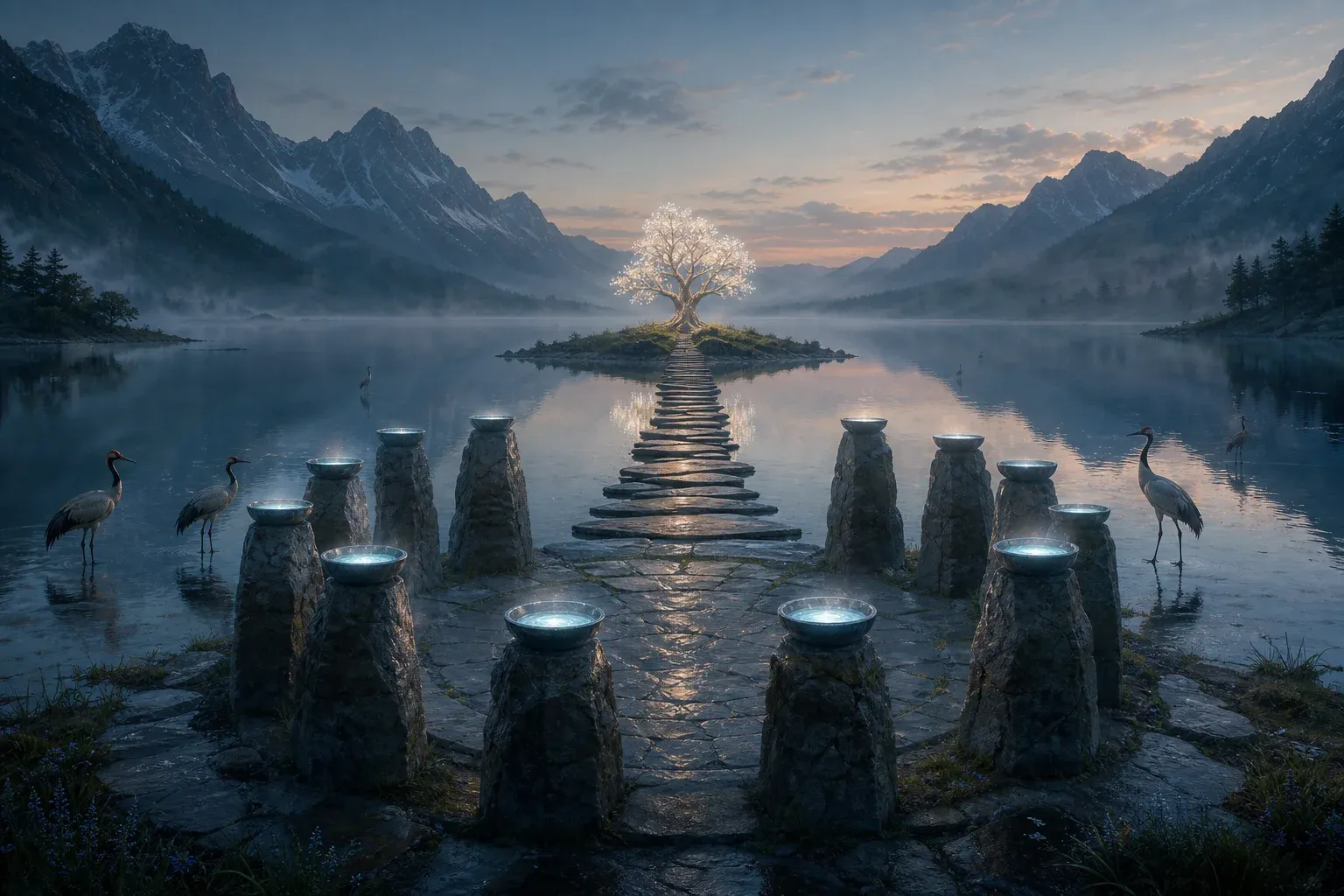 A ring of standing stones topped with glowing bowls beside a mountain lake, with a causeway leading to an island and a luminous tree.