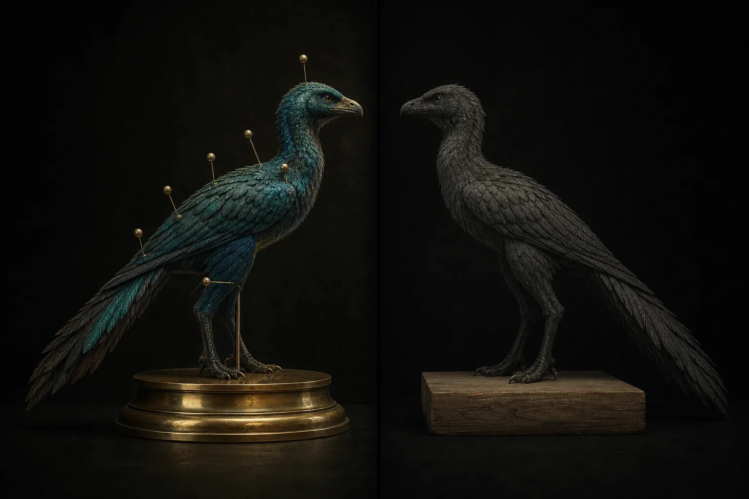 The same iridescent feathered creature displayed twice on a dark backdrop, one sharply lit on brass with blank markers, the other dim and shadowed on plain wood.