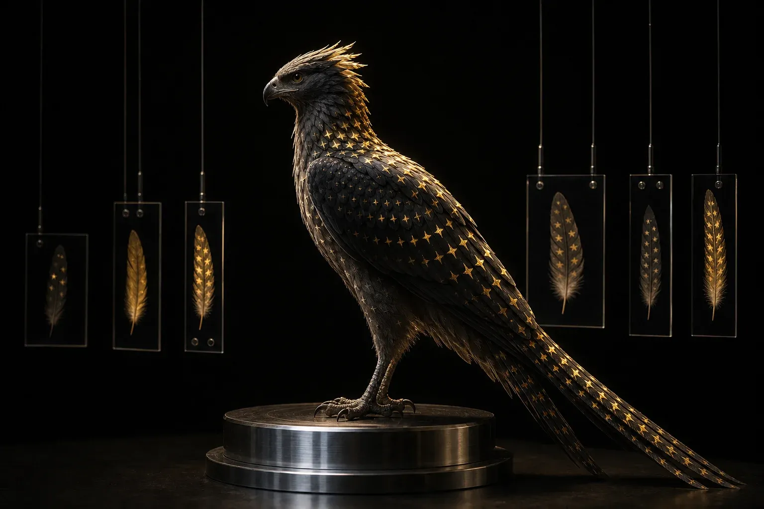 A feathered dinosaur-like creature on a steel pedestal in a dark studio, its plumage marked with rows of glowing star shapes.