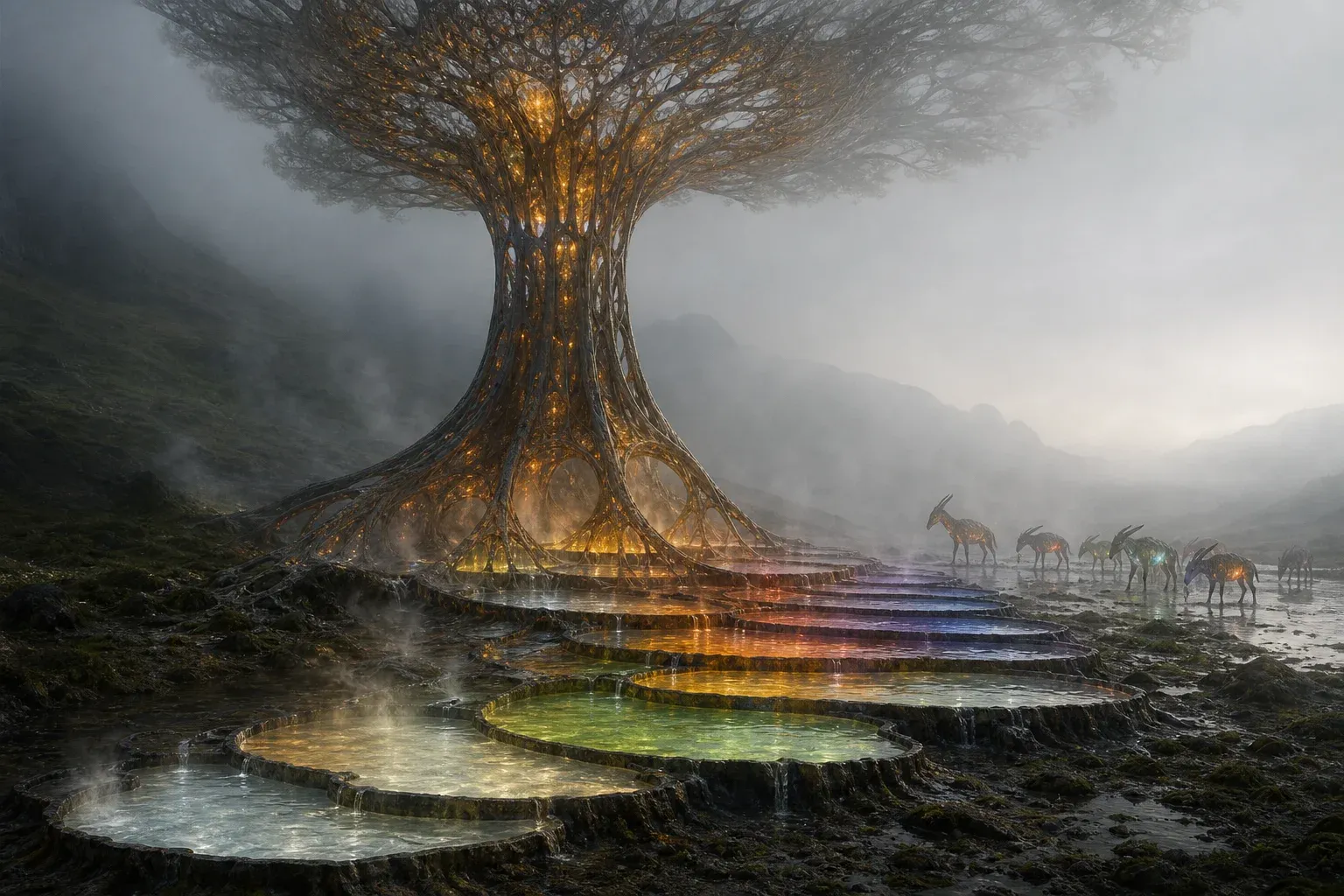 A giant translucent-rooted tree in a foggy valley splits one spring into fourteen terraced pools, each glowing a different color, with grazing animals beyond.