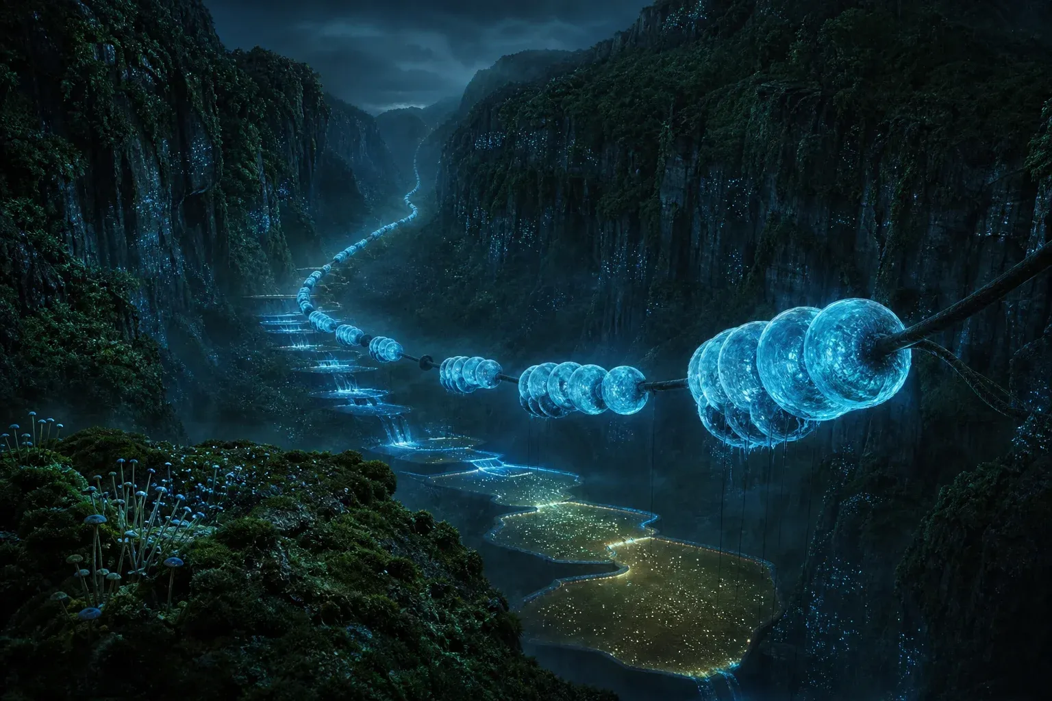 A giant glowing segmented vine in a misty gorge, with some segments repeated and others missing, above tiered glowing pools.