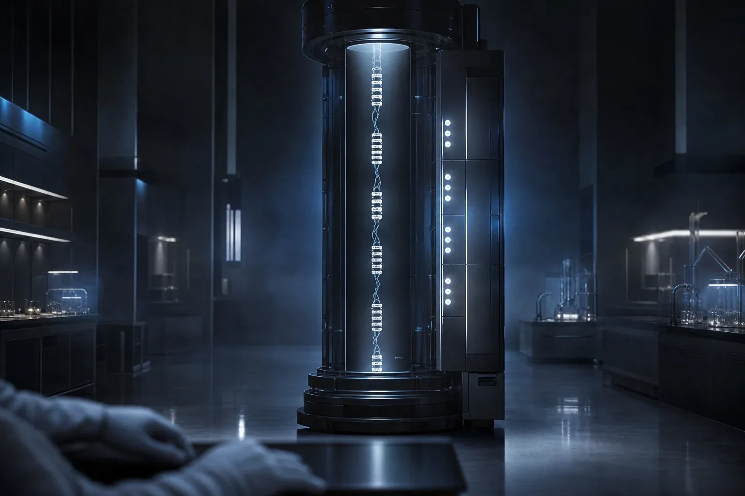 A lab instrument holds a glass column where a glowing DNA strand shows repeated segment stacks and missing gaps.
