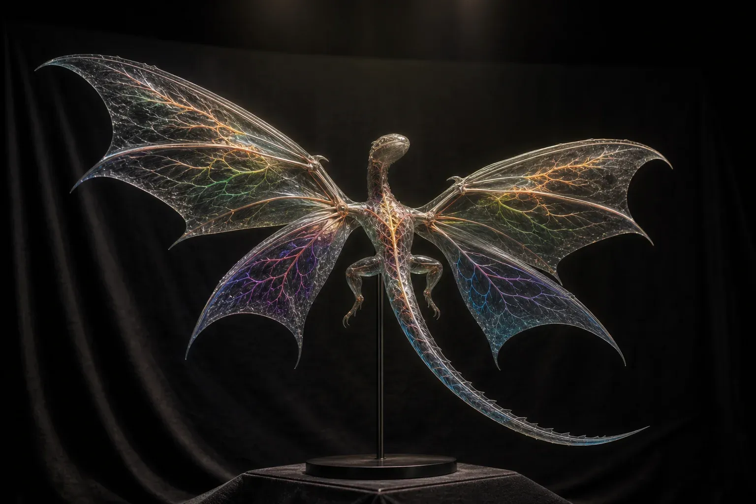 A four-winged reptile specimen with transparent skin and glowing multicolored blood vessels, lit from above against a black backdrop.