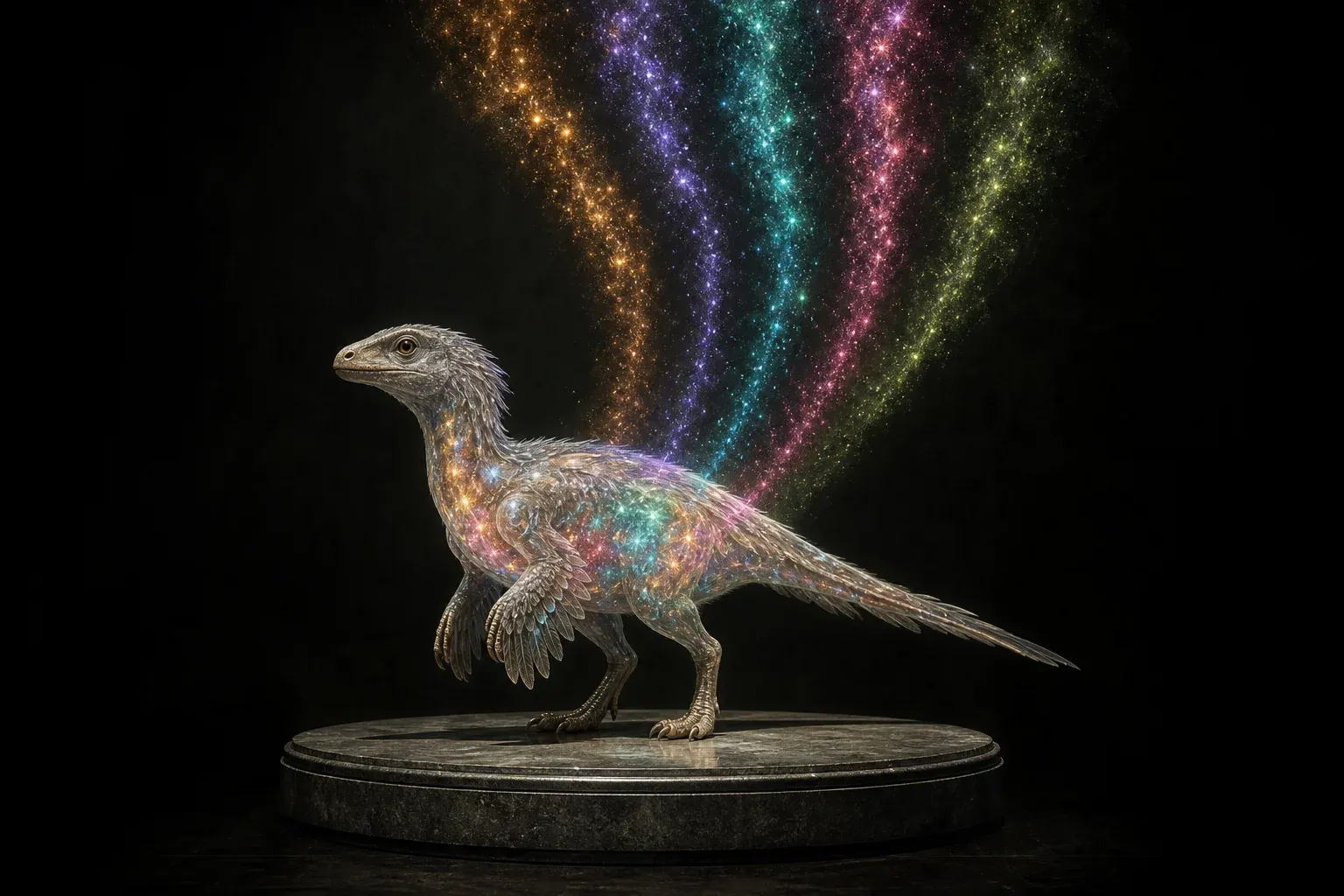 A translucent feathered reptile specimen on a dark studio pedestal, its interior of colored glowing motes fanning apart into separate bands of light.