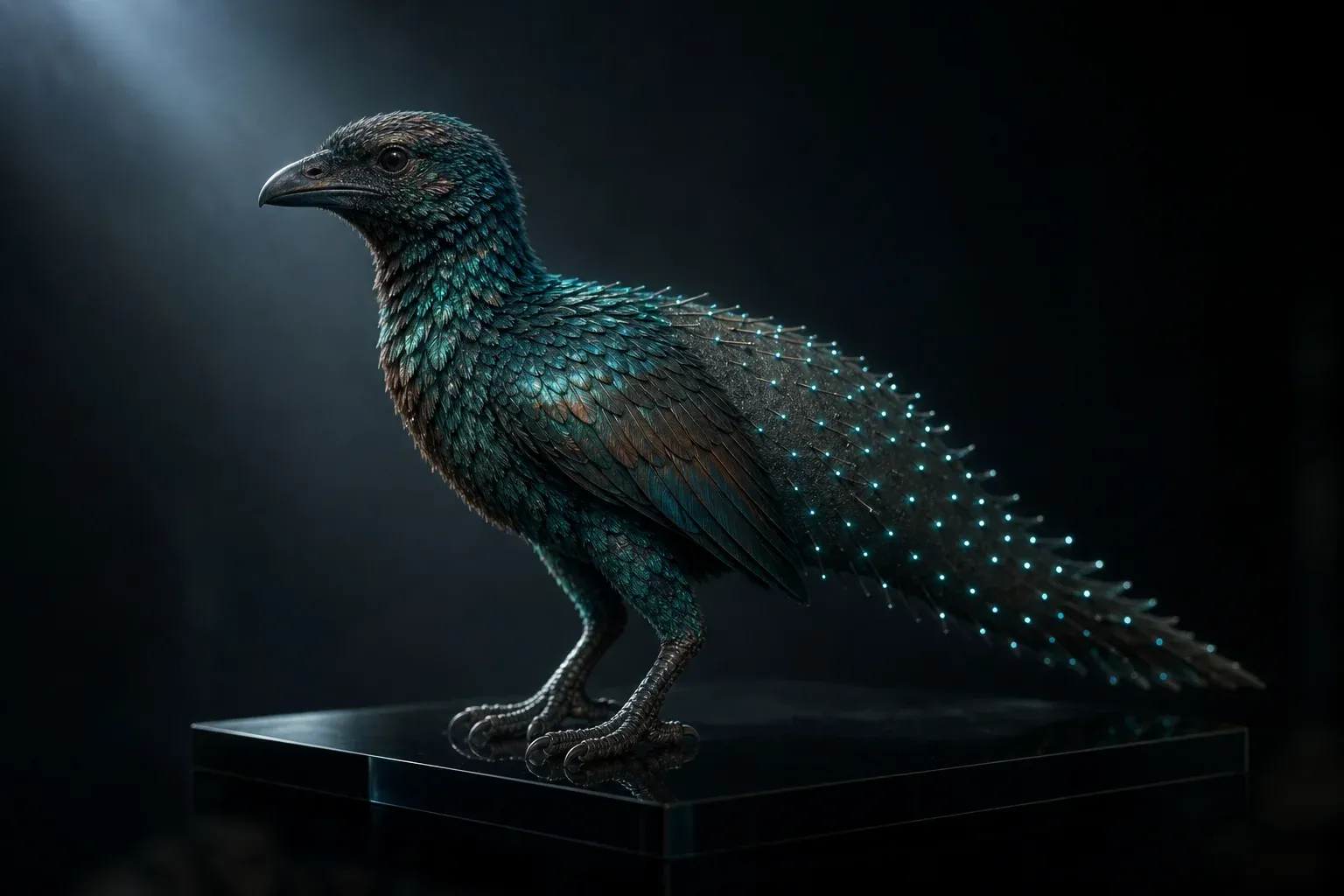 A small feathered reptile on a black plinth, one side densely iridescent, the other showing only scattered glowing quills on bare skin.