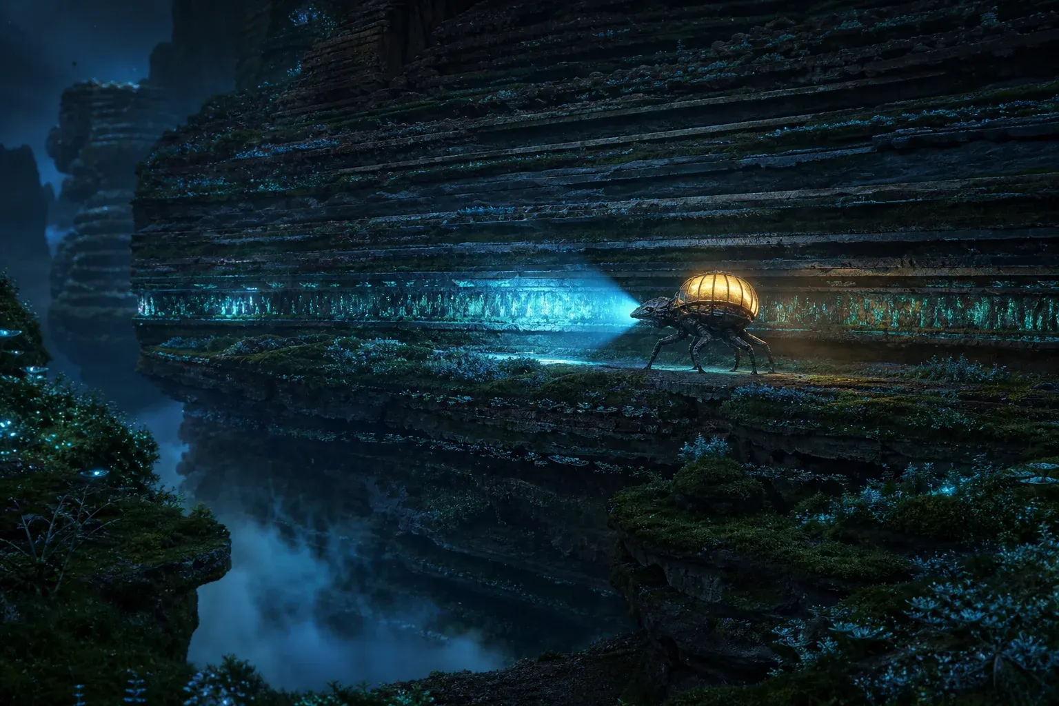 A glowing creature with a lantern on its back lights one horizontal band of a layered canyon wall at night.