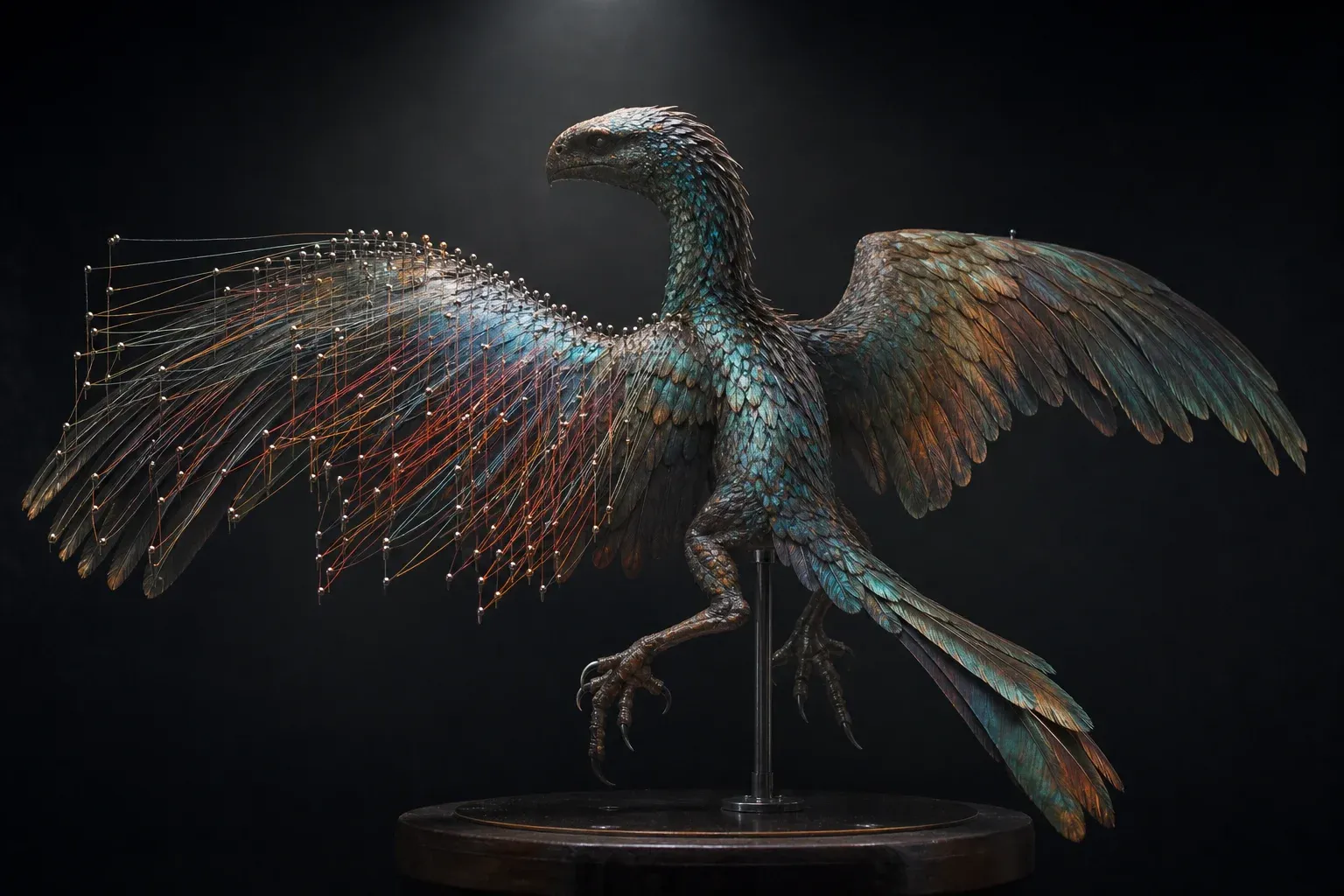 A studio-lit iridescent feathered hybrid creature on a dark backdrop, one wing marked with rows of tiny glowing colored pins.
