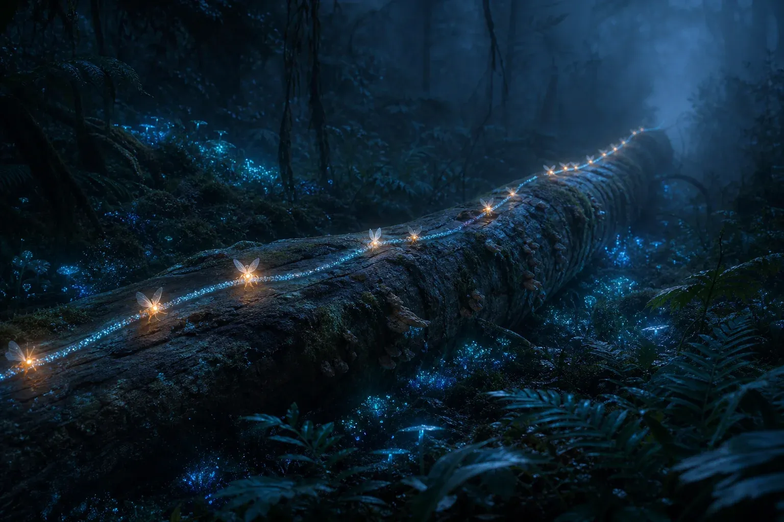 A long glowing filament wrapped around a fallen trunk in a blue forest, with winged insects lighting a few beads amber.