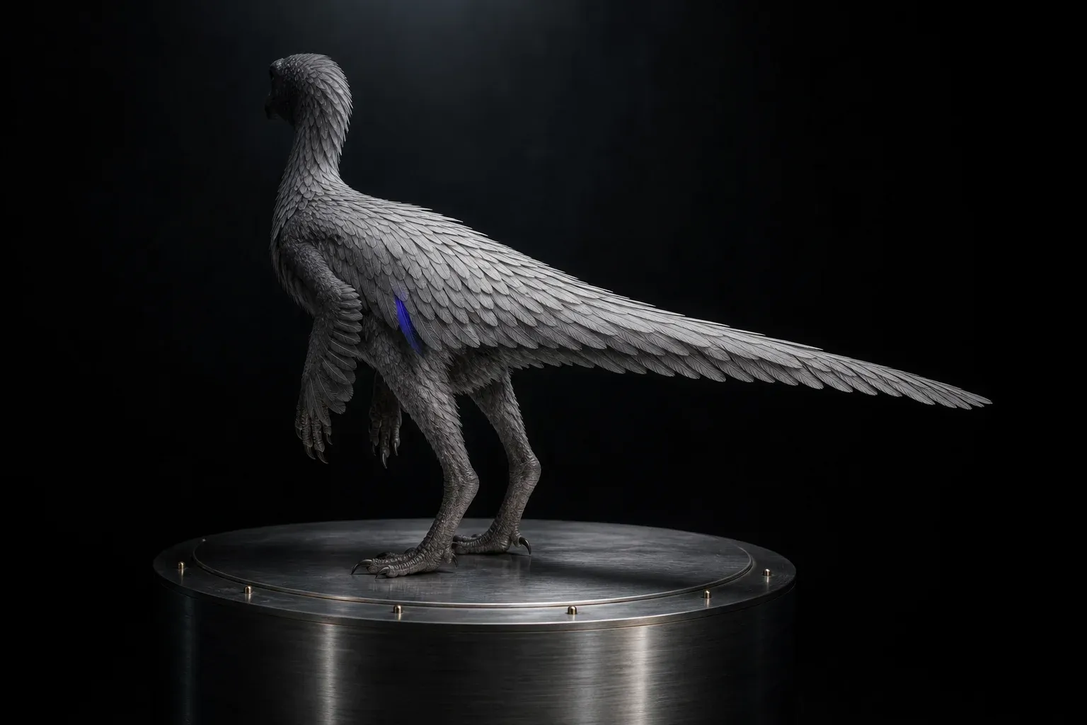 A feathered reptile-bird specimen on a steel plinth under studio light, its rows of grey quills broken by one violet feather.
