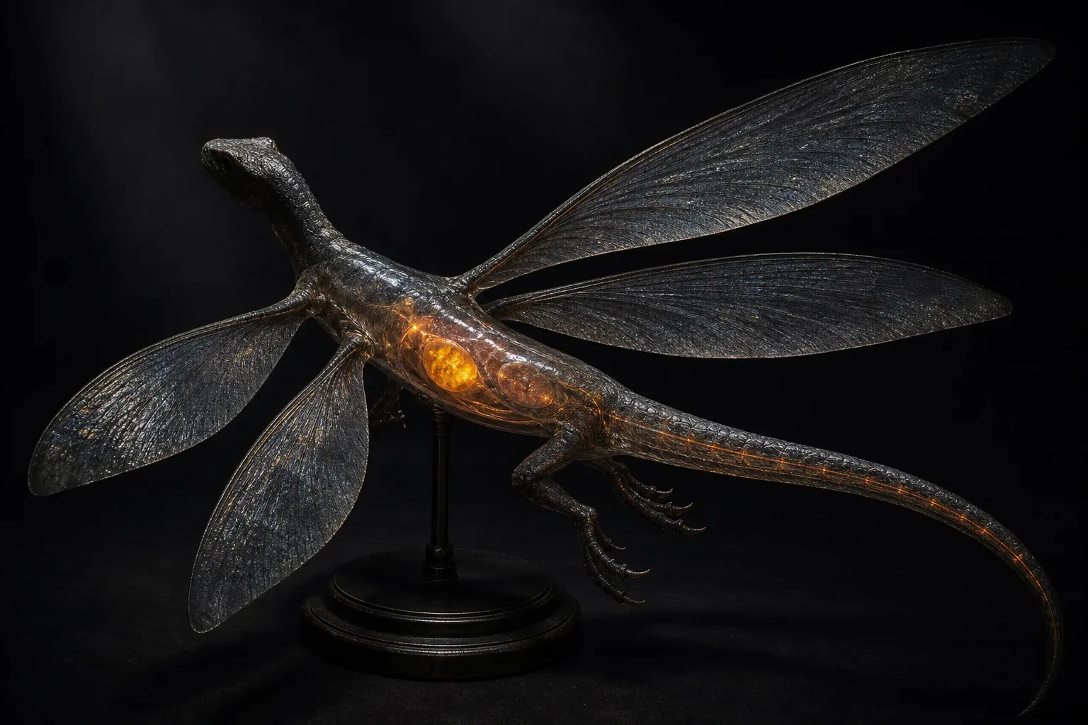 A four-winged iridescent reptile specimen on a black studio backdrop, its translucent flanks revealing two unevenly glowing amber organs.